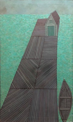 Peinture à l'huile moderniste abstraite représentant un bateau, Judith Shahn