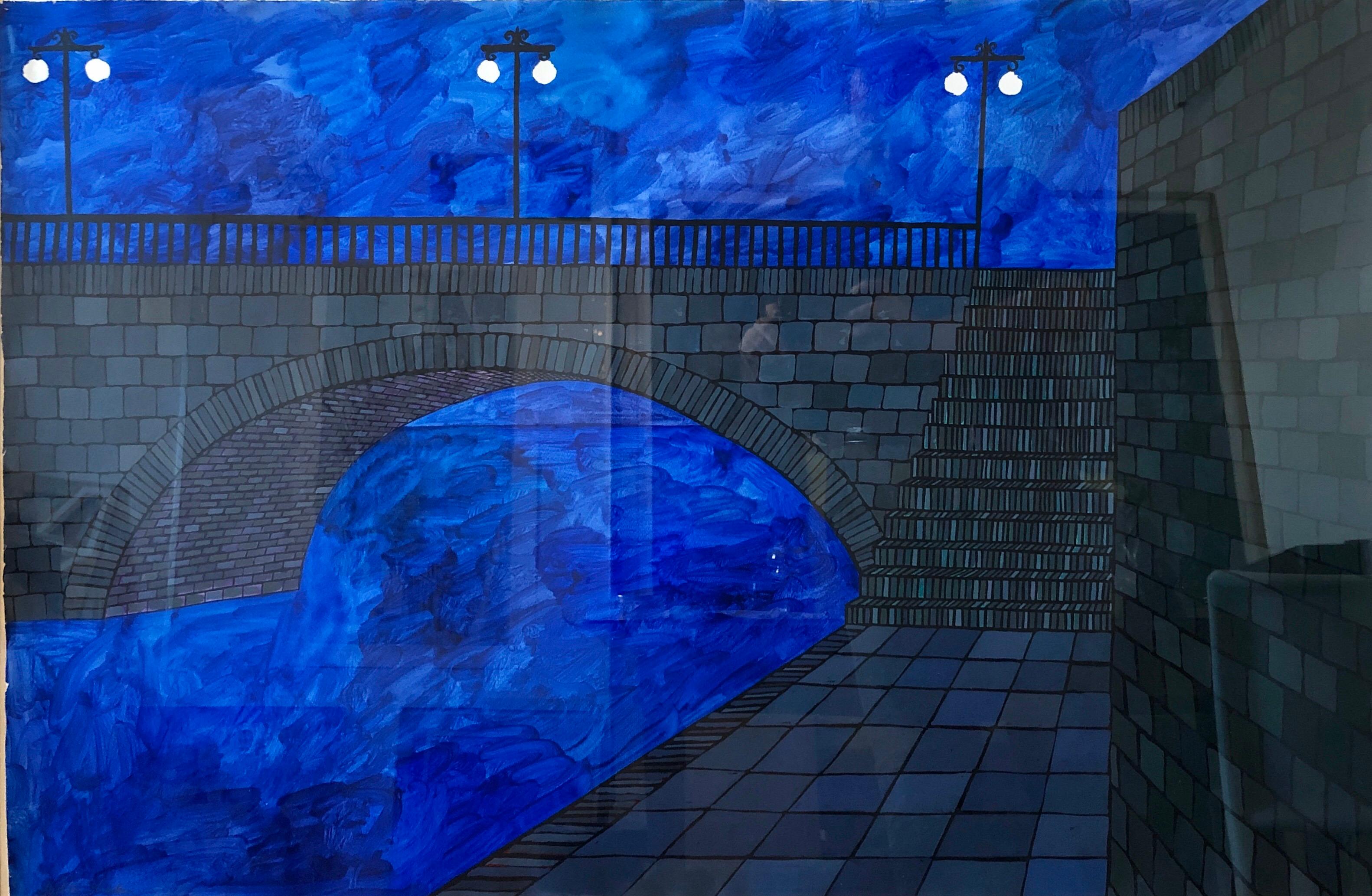 Modernist Vibrant Blue Bridge, Paris France Architectural Drawing, Painting  For Sale 8