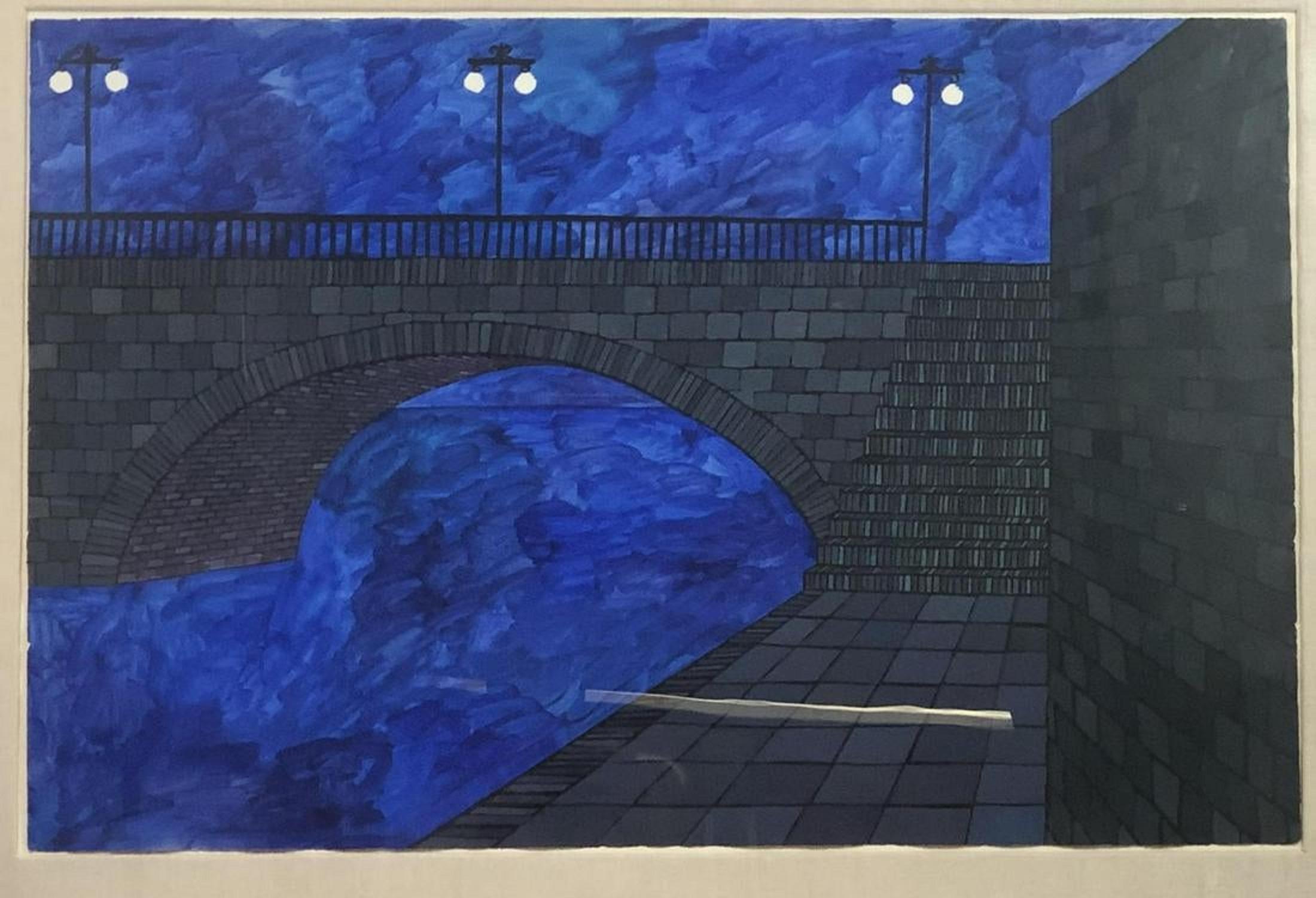 Bridge bleu vibrant moderniste, dessin d'architecture, peinture de Paris  - Painting de Judith Shahn