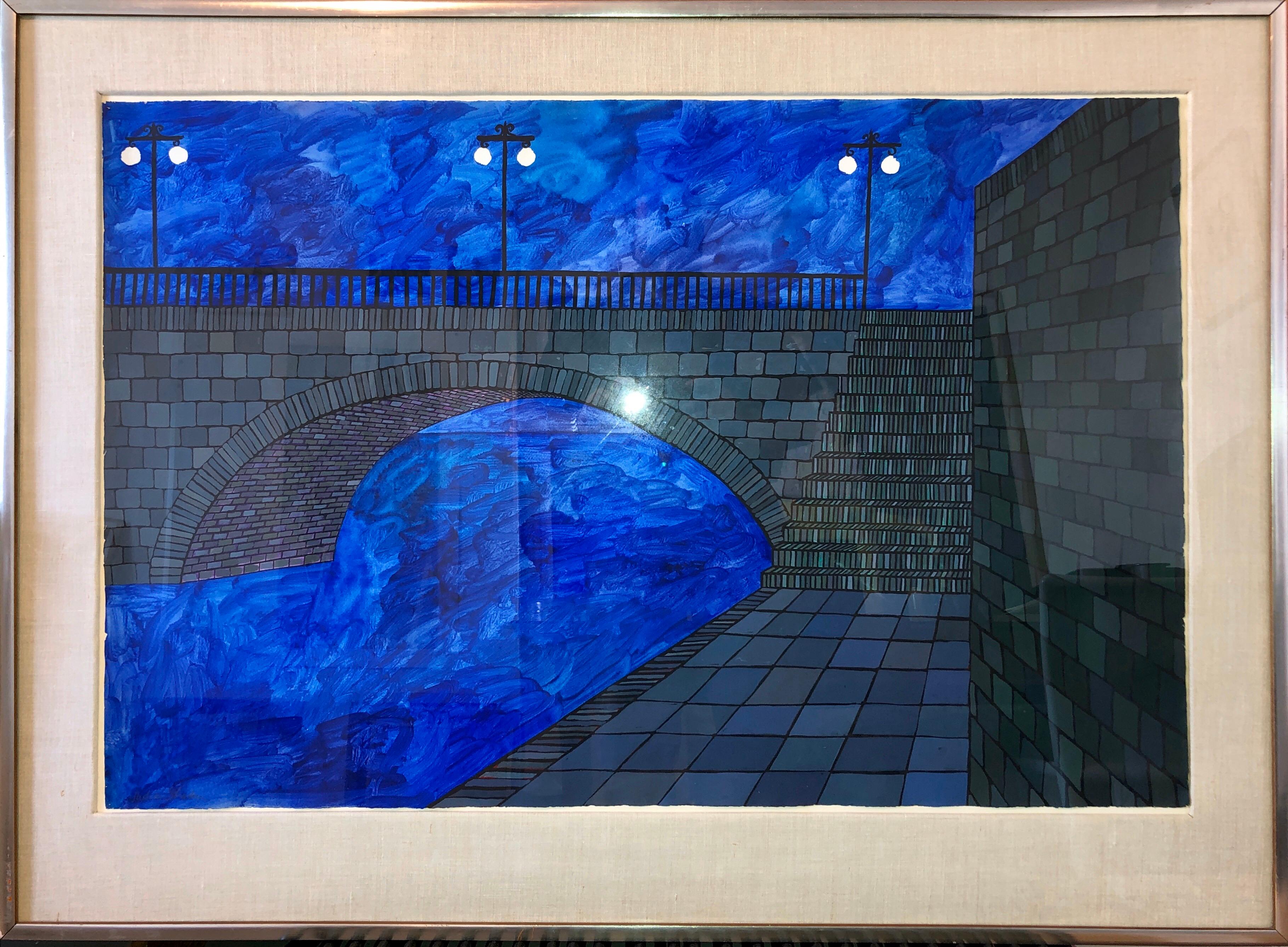 Bridge bleu vibrant moderniste, dessin d'architecture, peinture de Paris  - Modernisme américain Painting par Judith Shahn