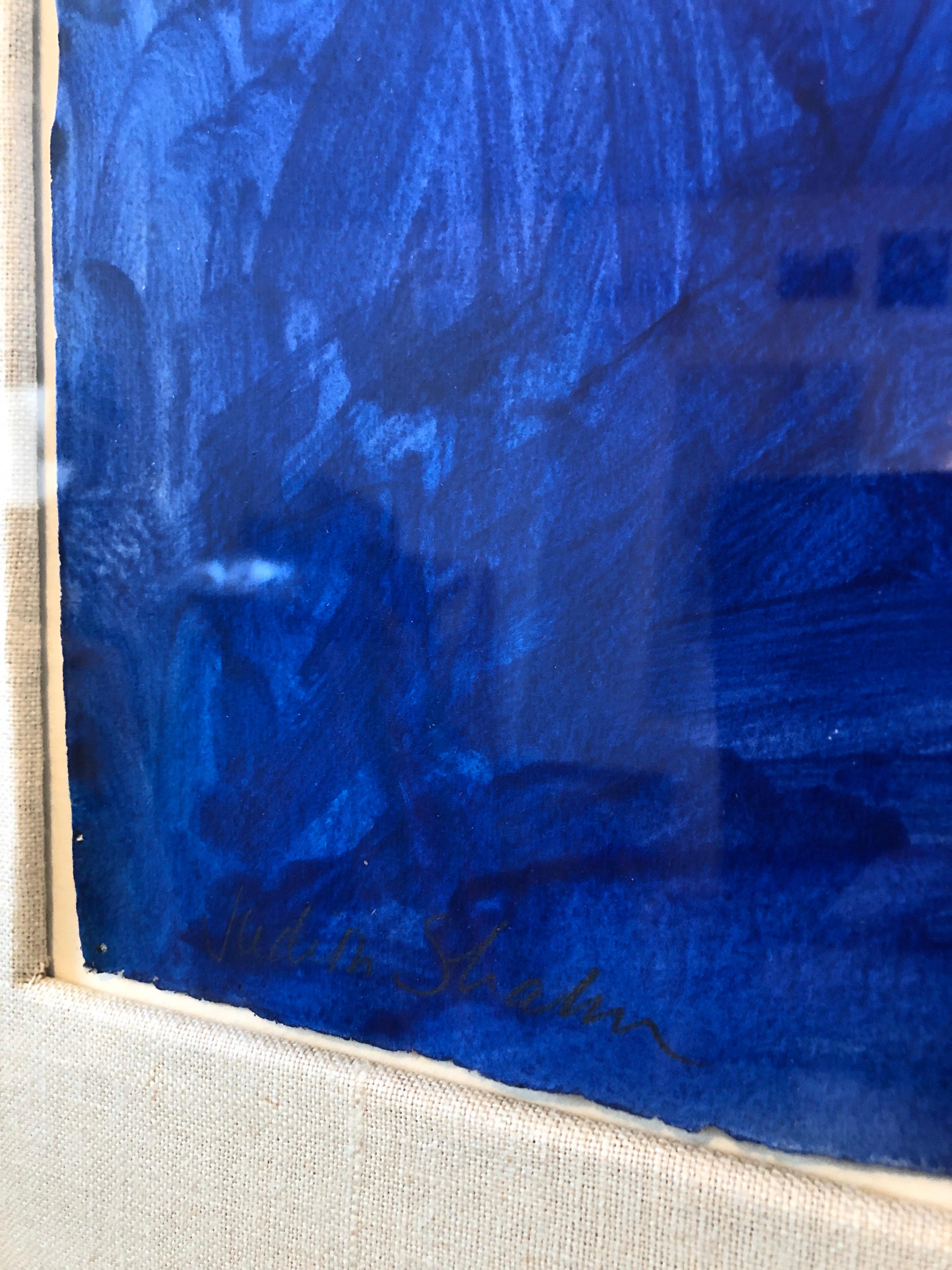Ponte blu vibrante modernista, Parigi Francia Disegno architettonico, pittura - Still-Life Painting Blu di Judith Shahn