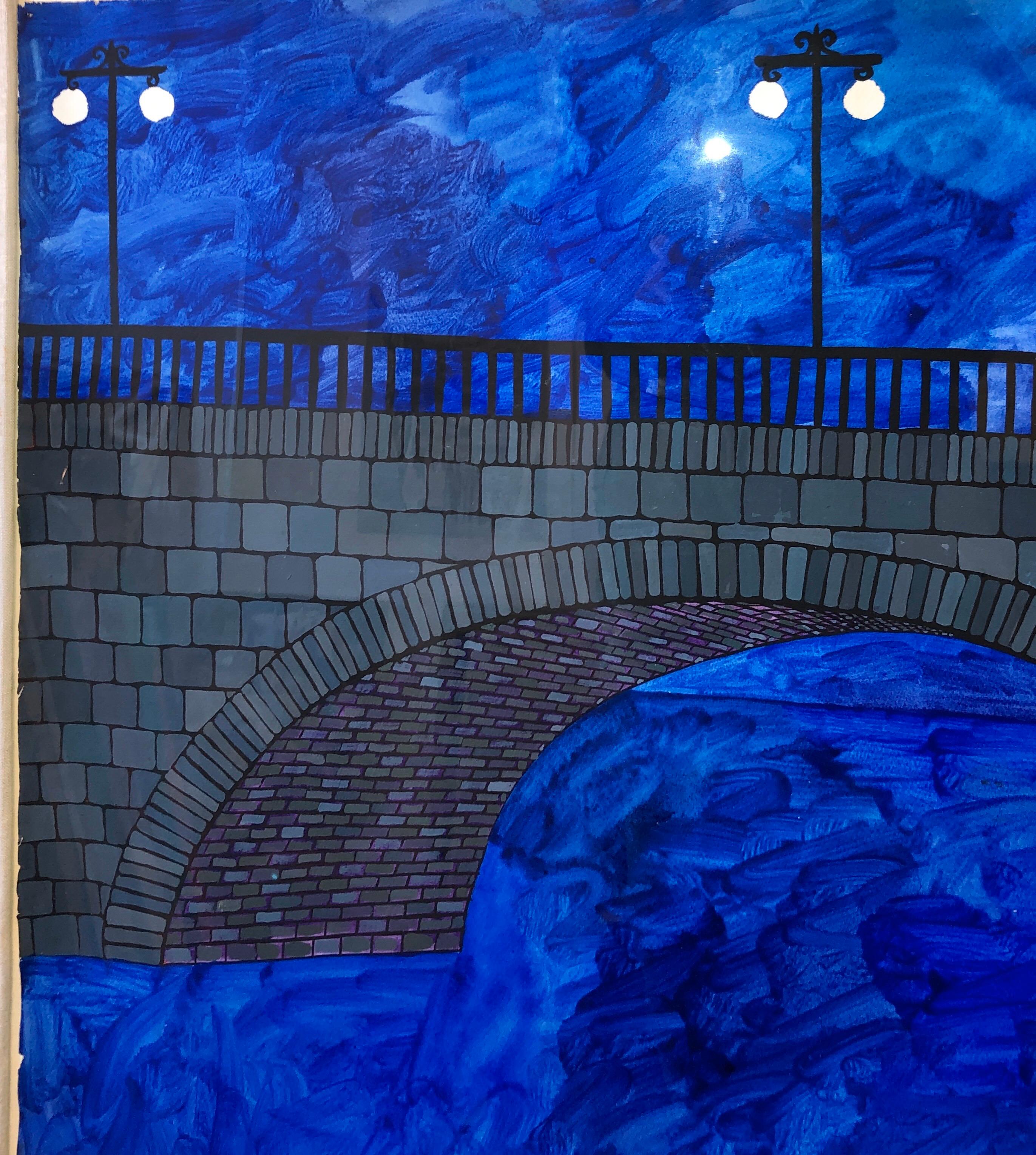 Bridge bleu vibrant moderniste, dessin d'architecture, peinture de Paris  en vente 2