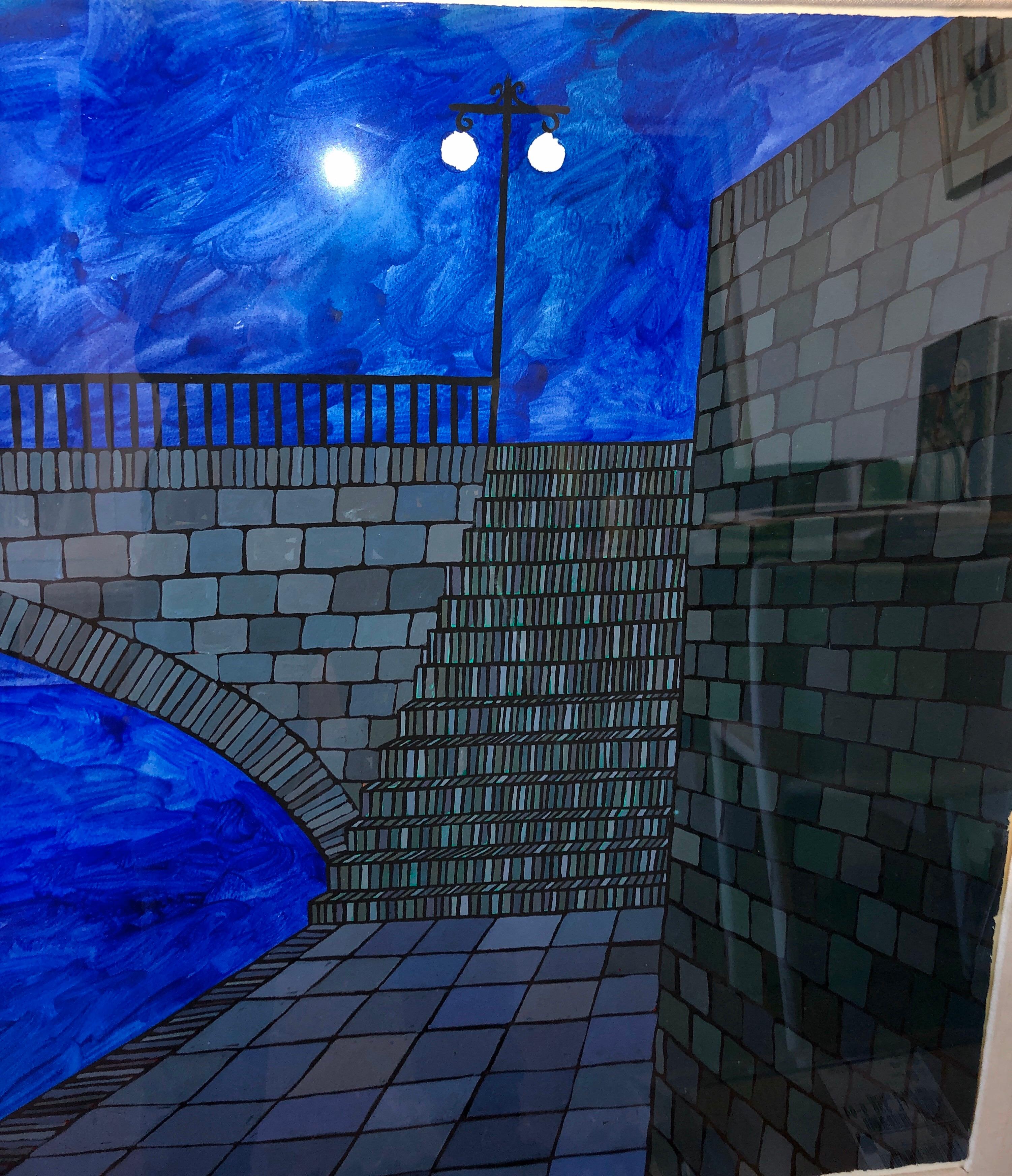 Bridge bleu vibrant moderniste, dessin d'architecture, peinture de Paris  en vente 4