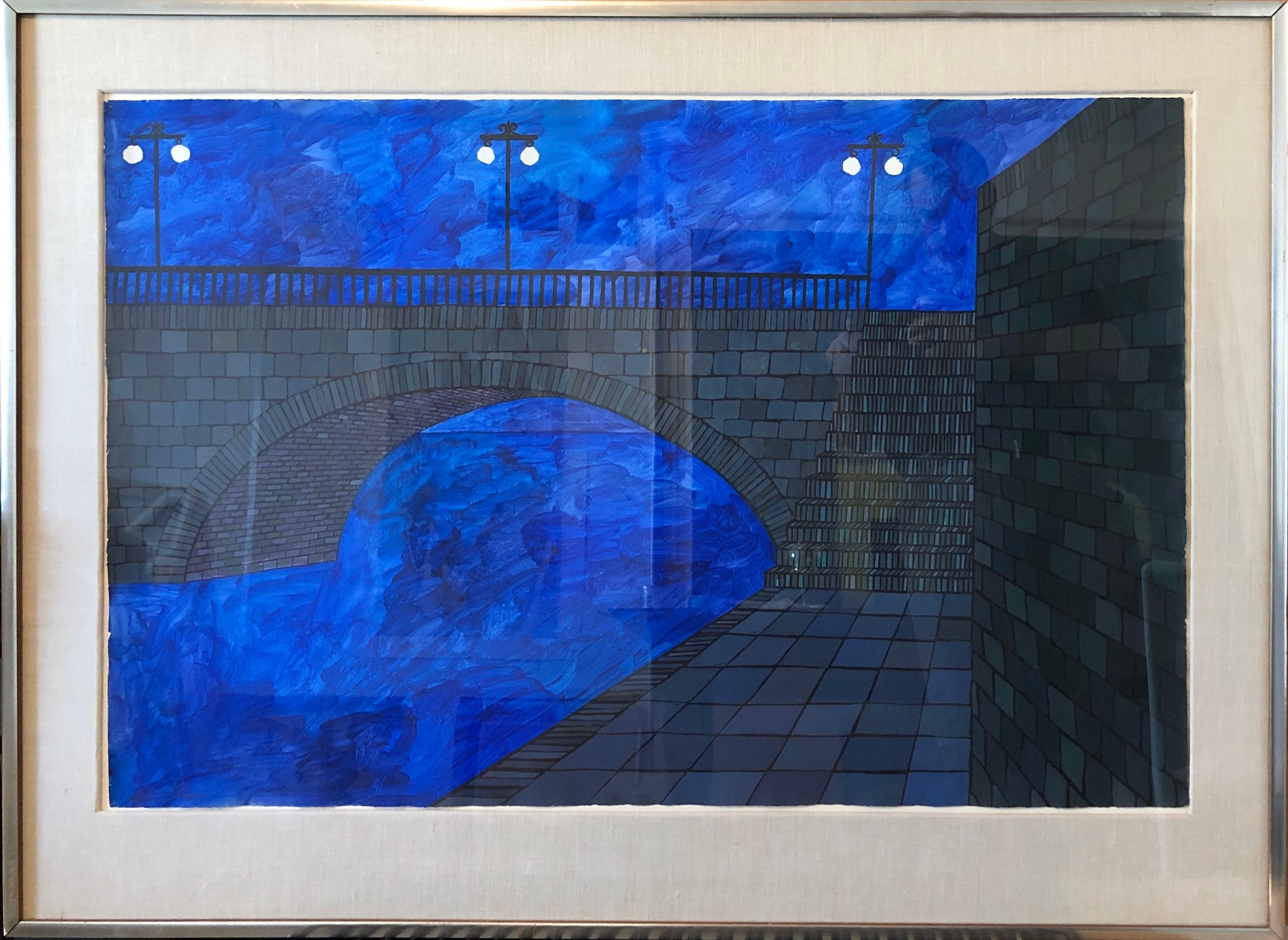 Judith Shahn Still-Life Painting – Architektonische Zeichnung der lebhaften blauen Brücke, Paris, Frankreich 