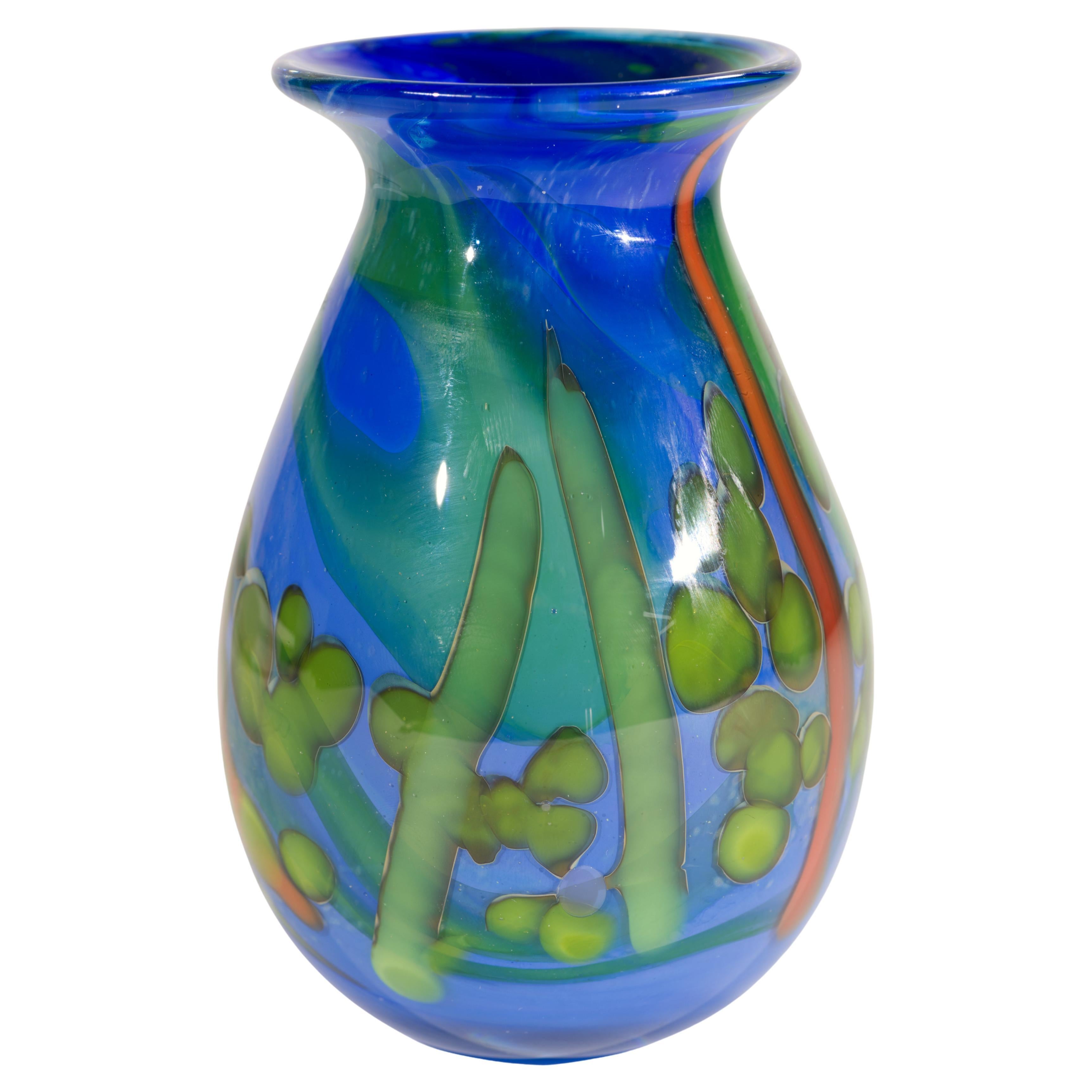 Judith Via Wolff Blue and Green Bud Vase, New York Studio Art Glass