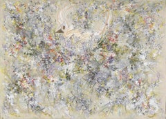 Hidden in the Flowers - Abstract Bird in Acrylic on Threaded Paper