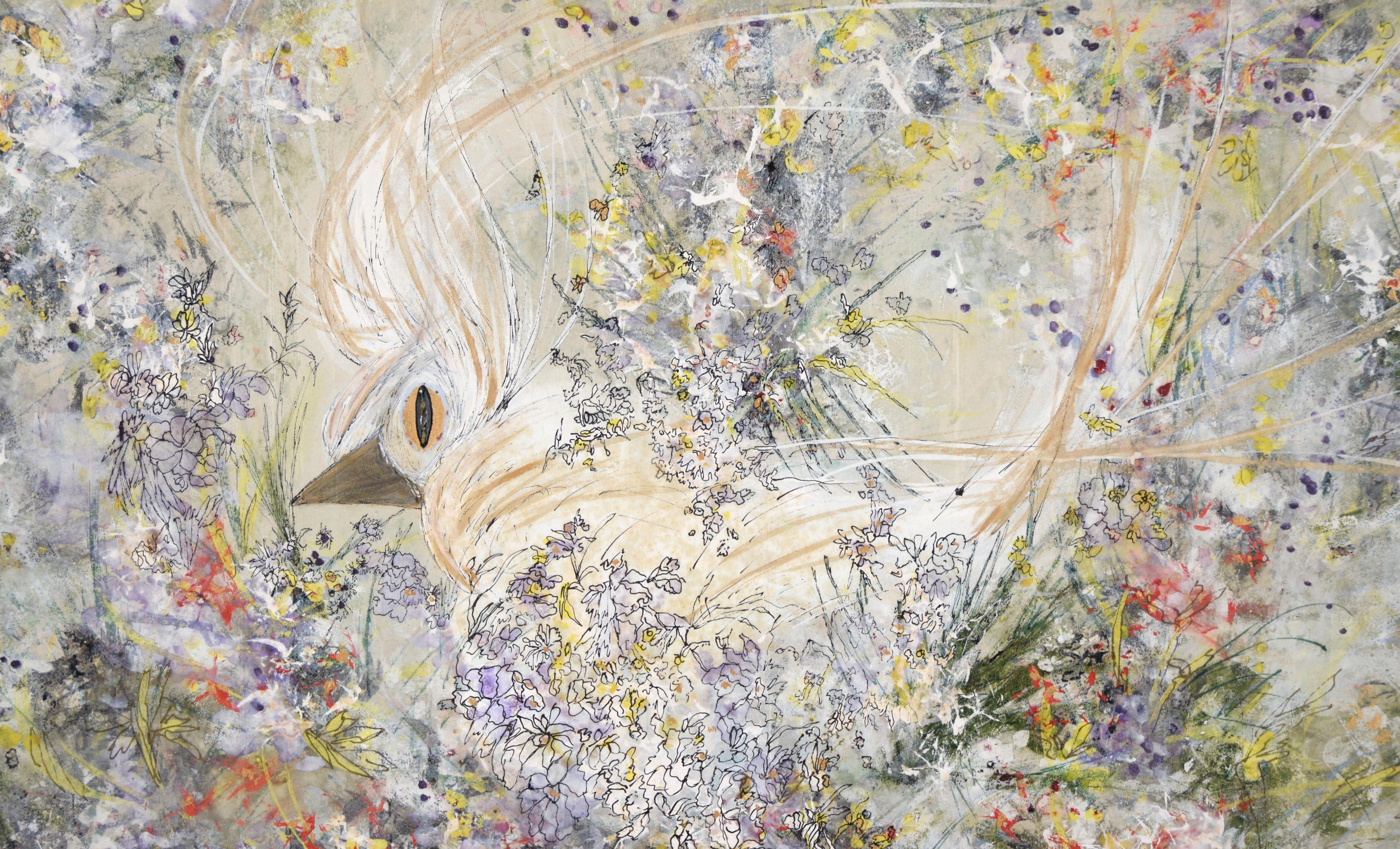 Nascosto tra i fiori - Uccello astratto in acrilico su carta filigranata - Abstract Painting Beige di Judith W Winslow
