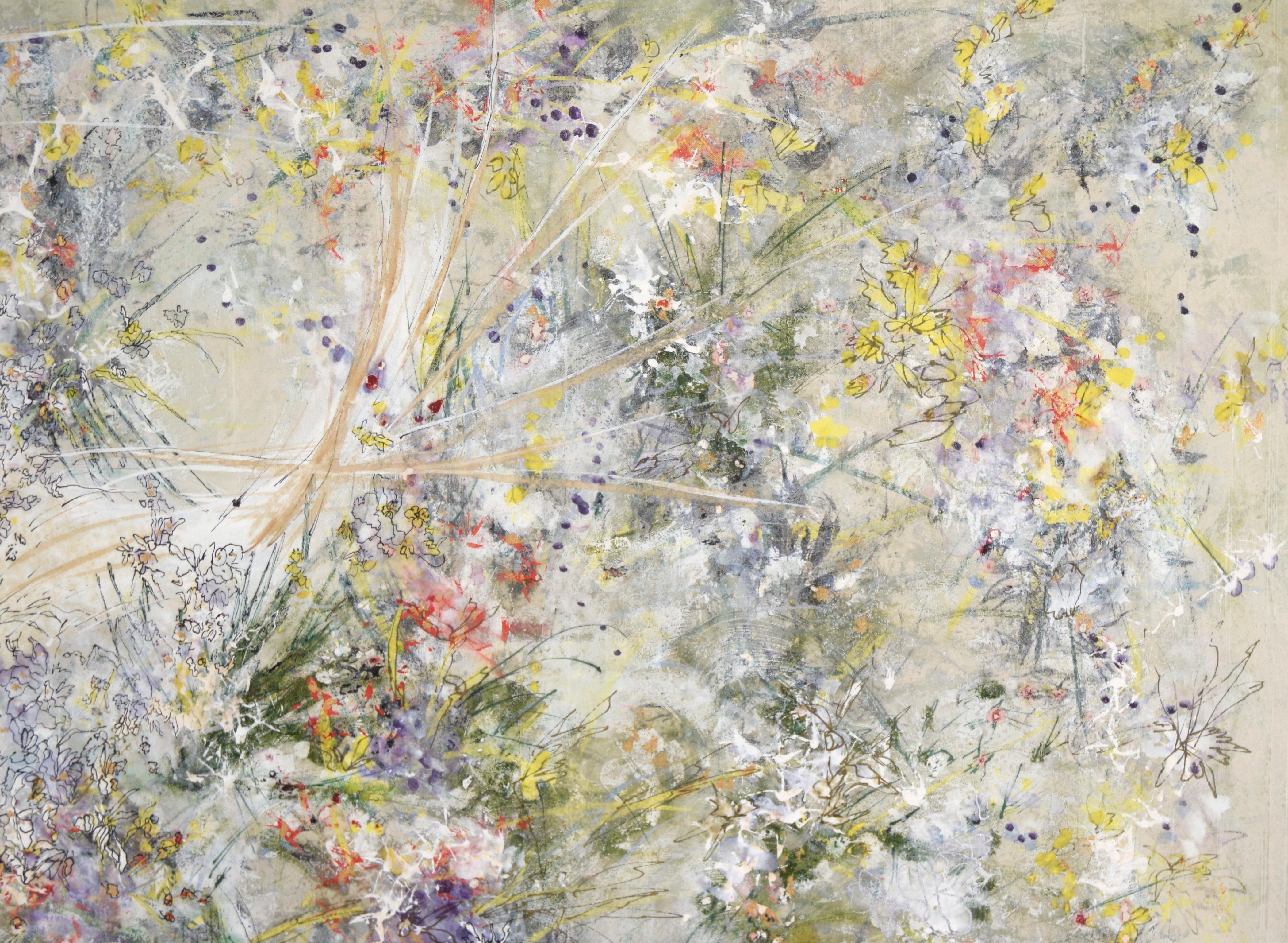 Nascosto tra i fiori - Uccello astratto in acrilico su carta filigranata

Composizione astratta multicolore di Judith W Winslow (JW) (americana, 1943-2023). Un uccello con piume bianche è parzialmente nascosto tra fiori e piante astratte. La flora è