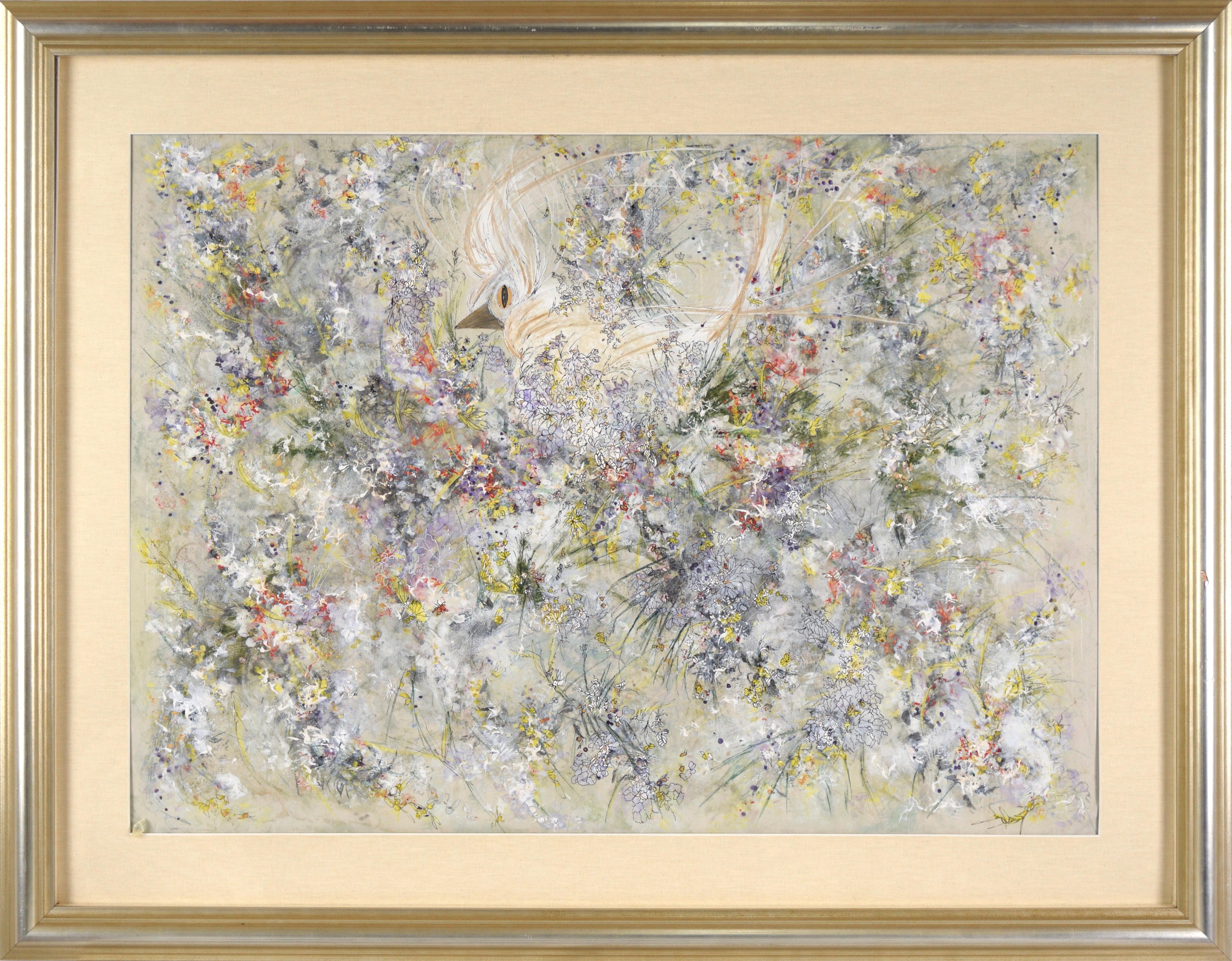 Abstract Painting di Judith W Winslow - Nascosto tra i fiori - Uccello astratto in acrilico su carta filigranata