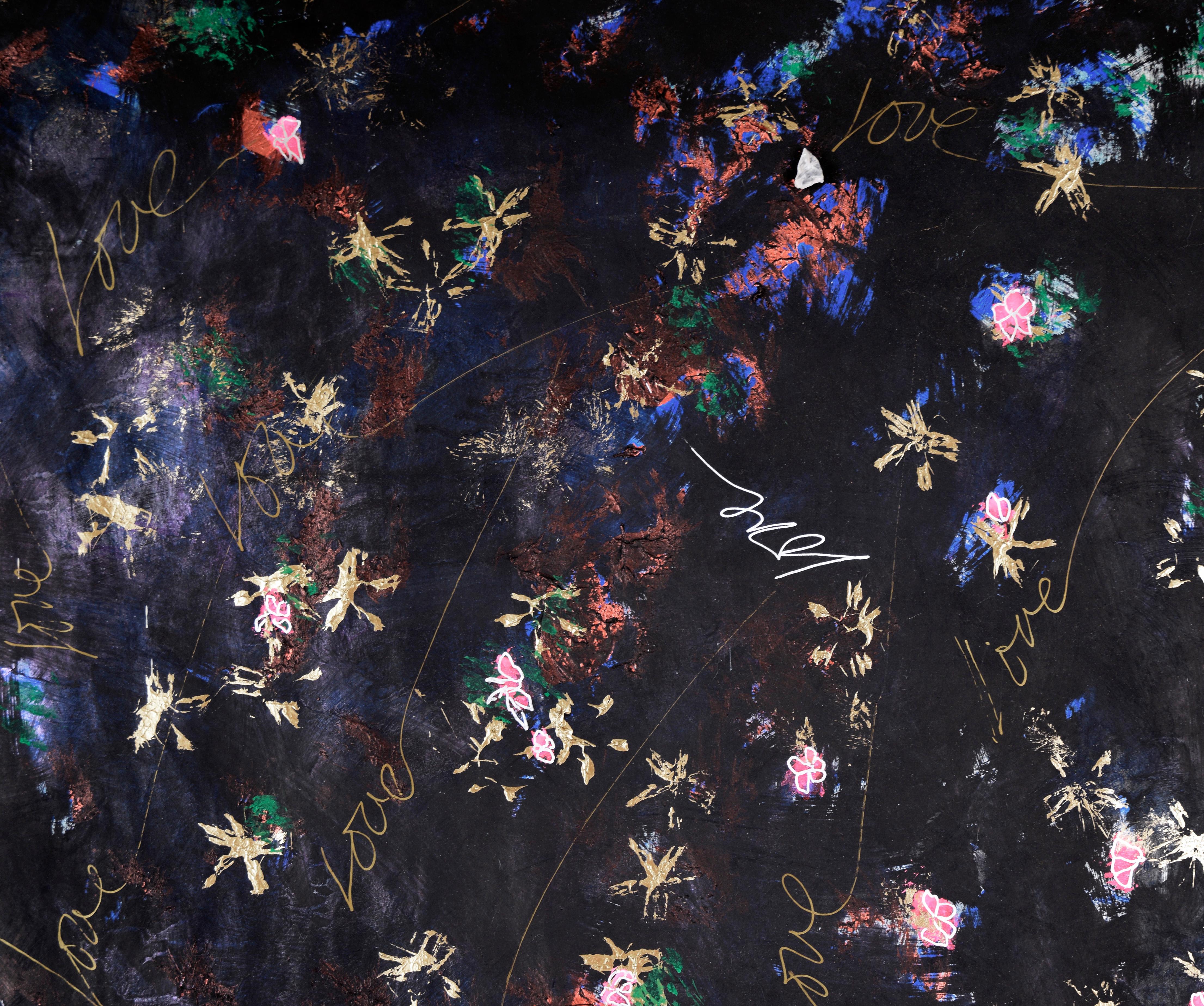 Amor en negro y oro - Acrílico original sobre lienzo con cuarzo - Abstract Painting Negro de Judith W Winslow