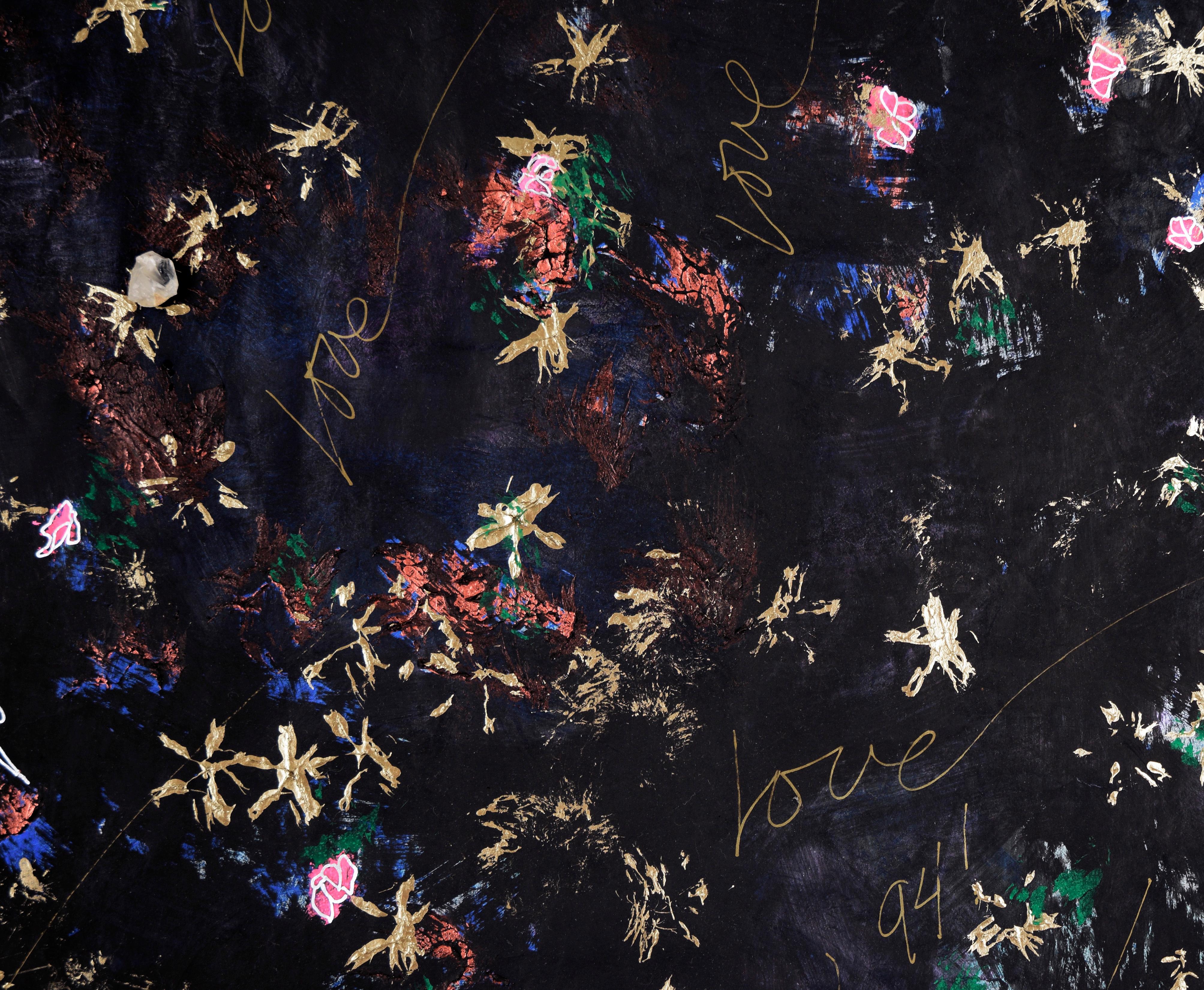 Amor en negro y oro - Acrílico original sobre lienzo con cuarzo

Composición abstracta multicolor e iridiscente de Judith W Winslow (JW) (estadounidense, 1943-2023). Esta pieza tiene textura y capas, con múltiples colores que se mezclan entre sí. El