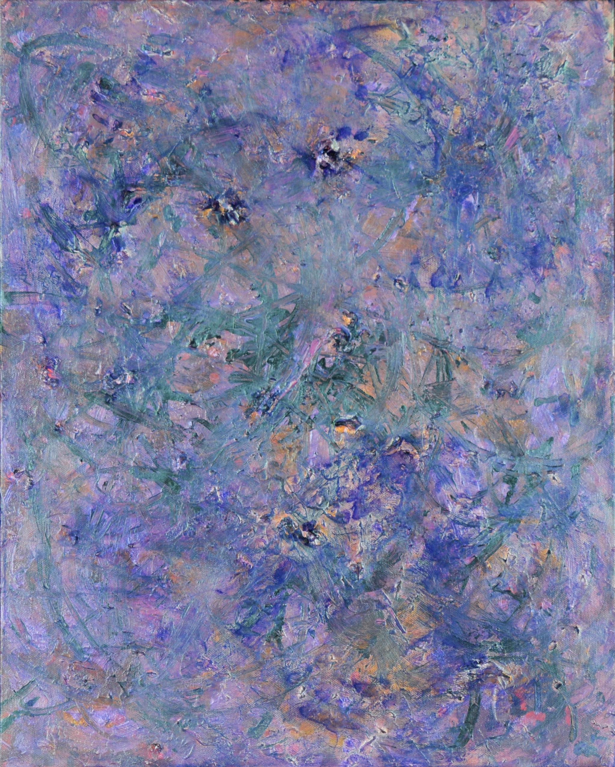 Composizione astratta metallizzata verde acqua e viola su tela - Painting di Judith W Winslow