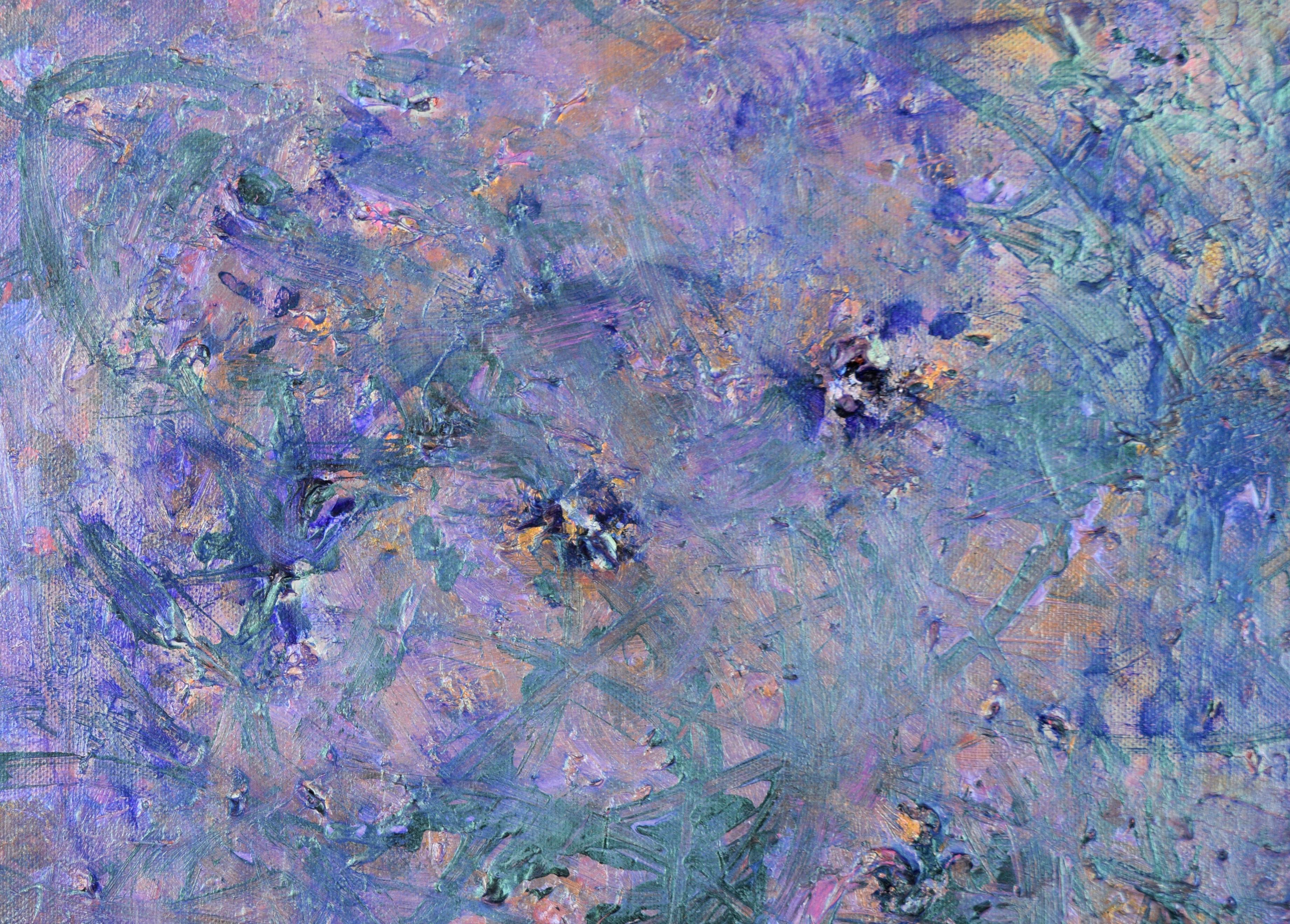 Composizione astratta metallizzata verde acqua e viola su tela - Painting Astratto di Judith W Winslow