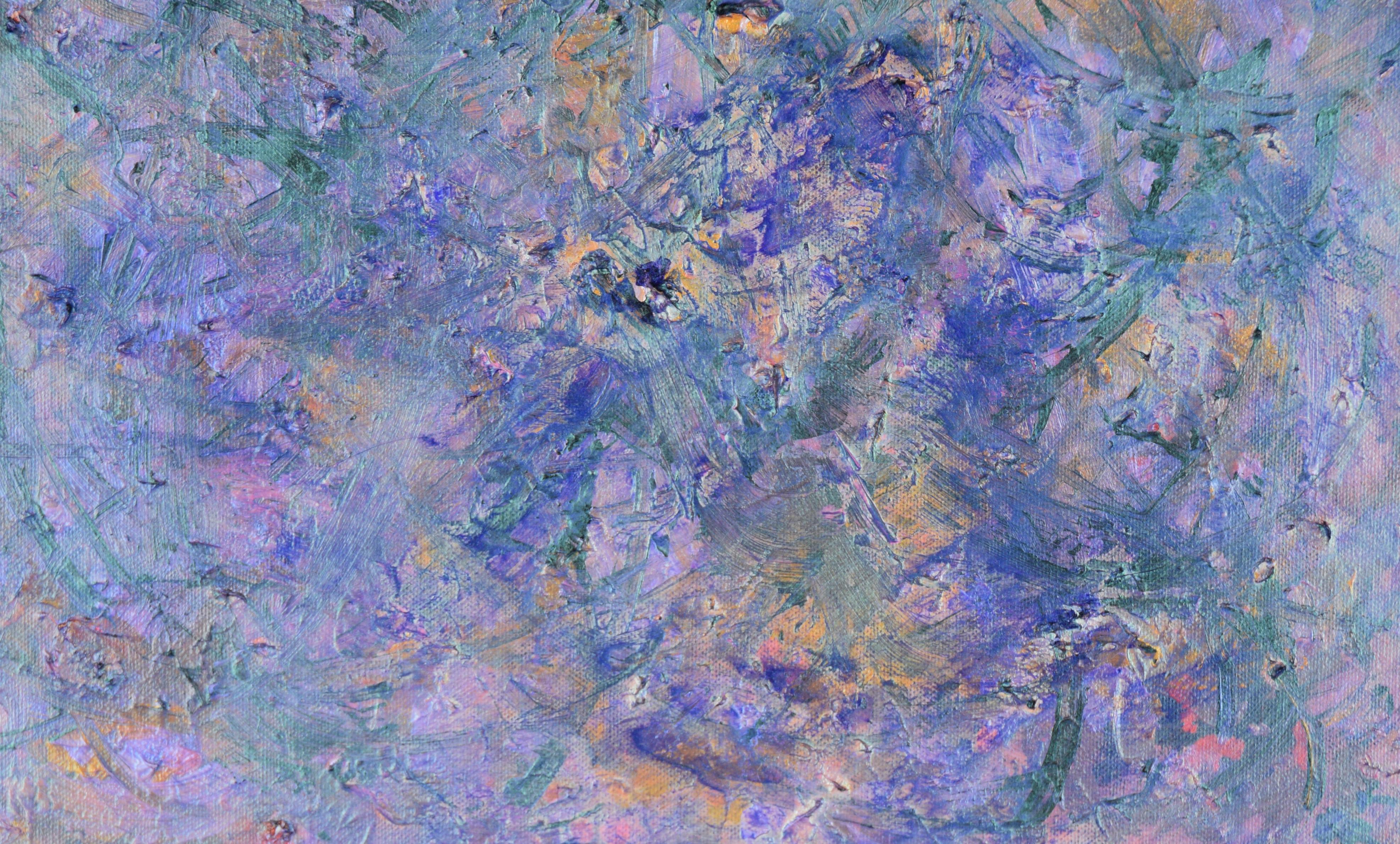 Composizione astratta metallizzata verde acqua e viola su tela in vendita 2