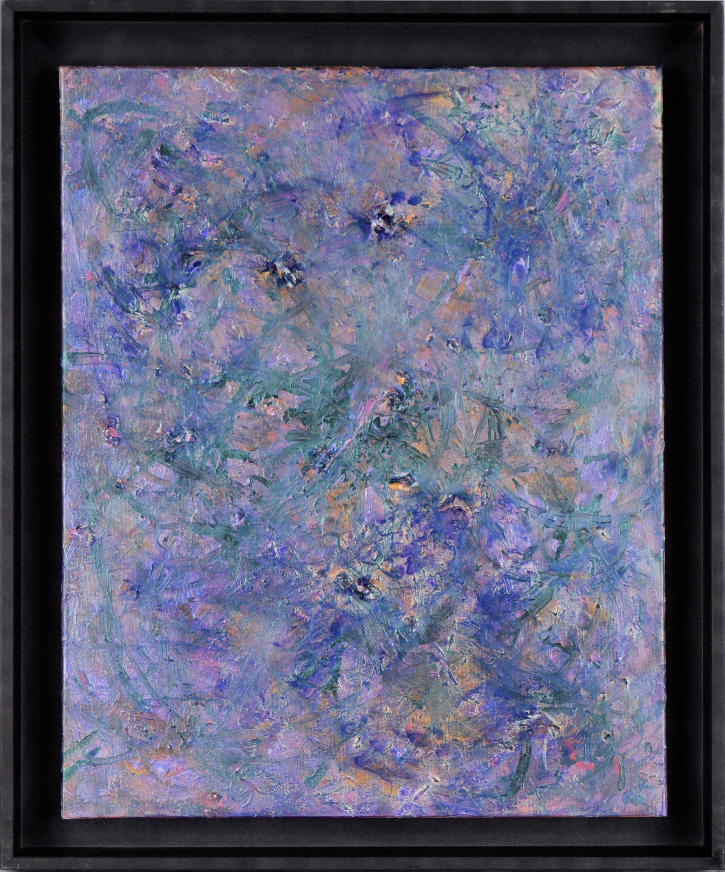 Abstract Painting di Judith W Winslow - Composizione astratta metallizzata verde acqua e viola su tela