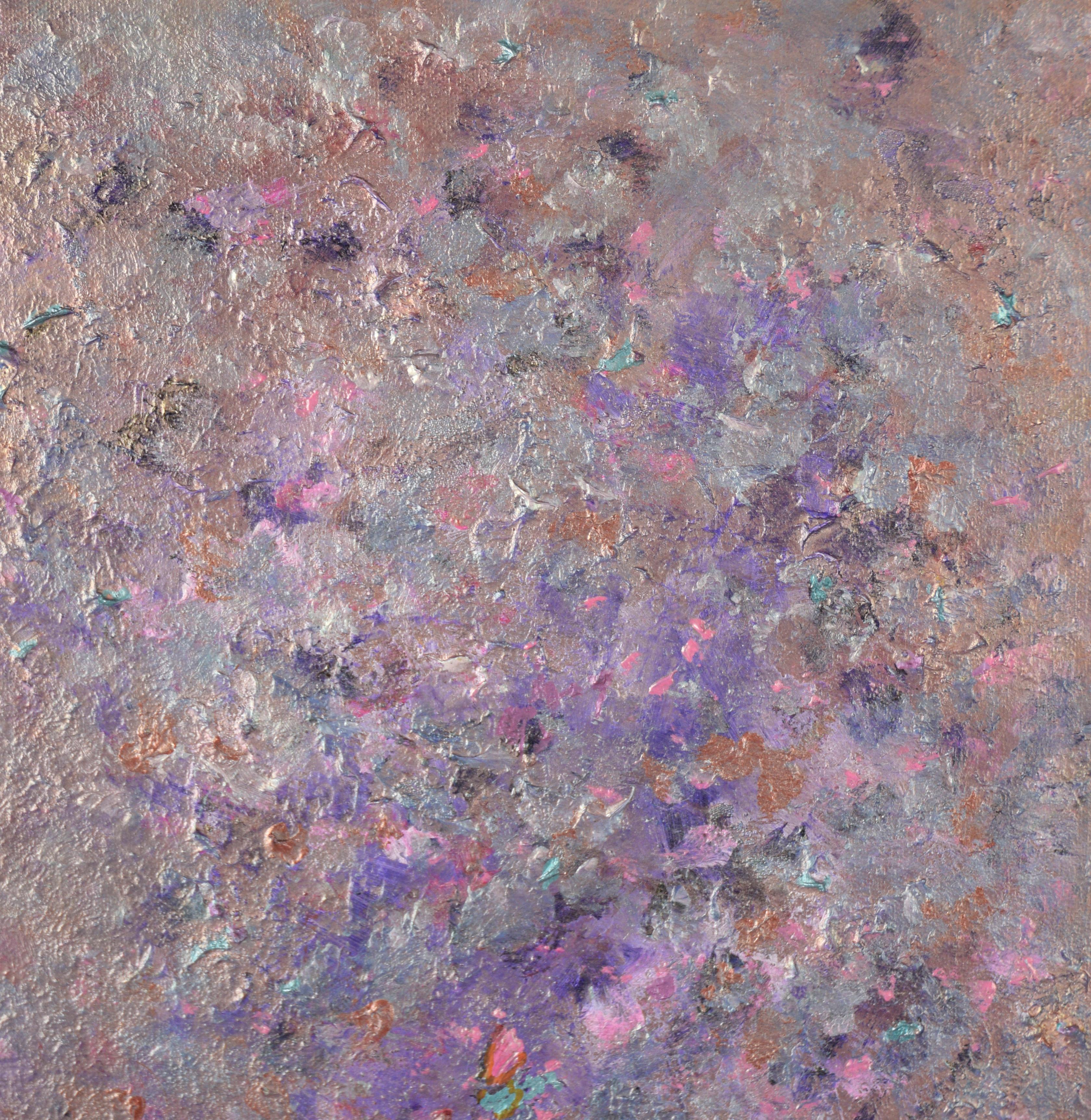 Abstrakte Komposition aus Acryl auf Leinwand mit schillernder Metallic-Lila-Komposition (Grau), Landscape Painting, von Judith W. Winslow