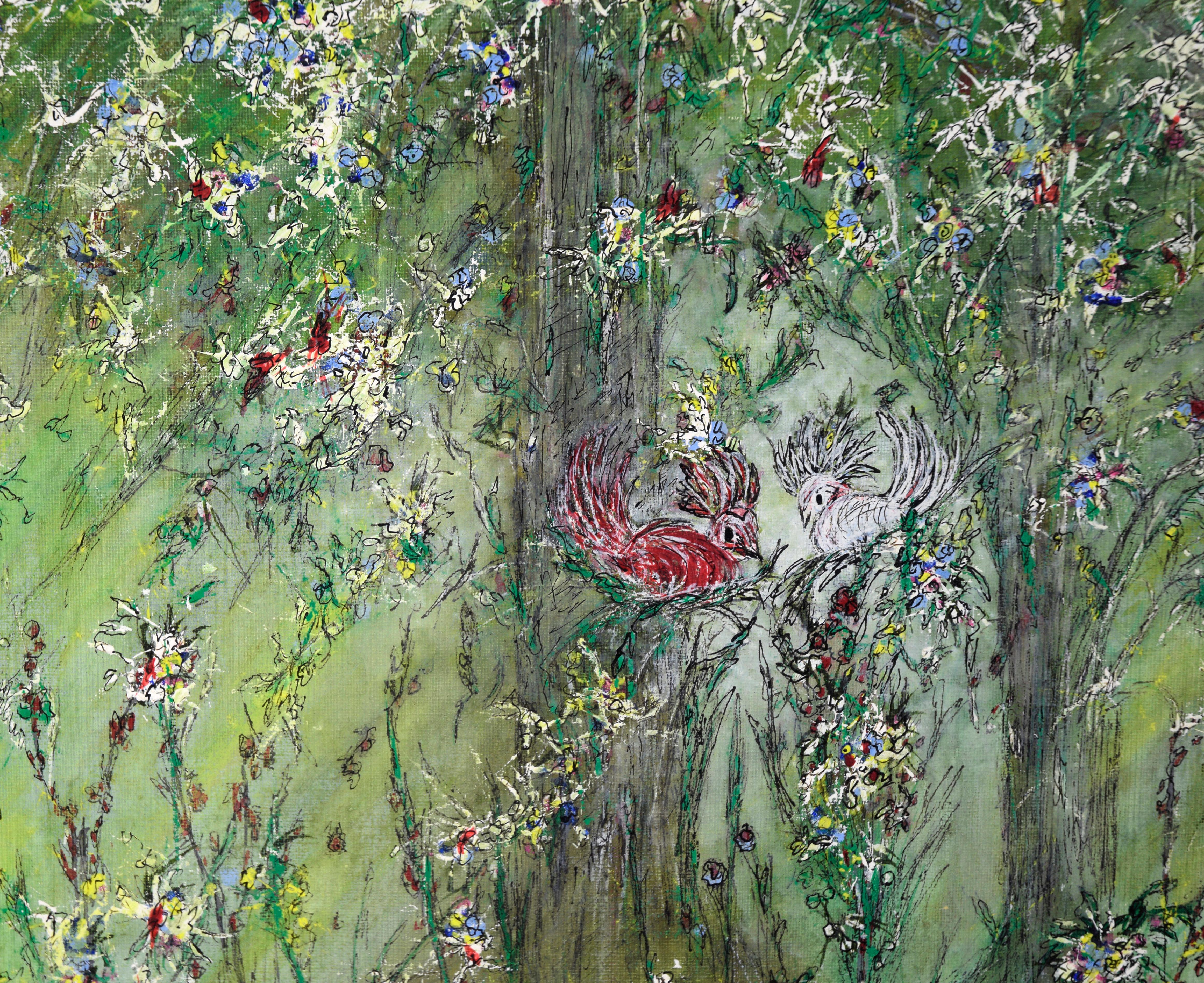 Inseparabili - Paesaggio astratto originale su tela

Composizione multicolore e strutturata di Judith W Winslow (JW) (americana, 1943-2023). Due alberi sono raffigurati in modo astratto, con fiori luminosi ed espressivi. In ogni albero c'è un