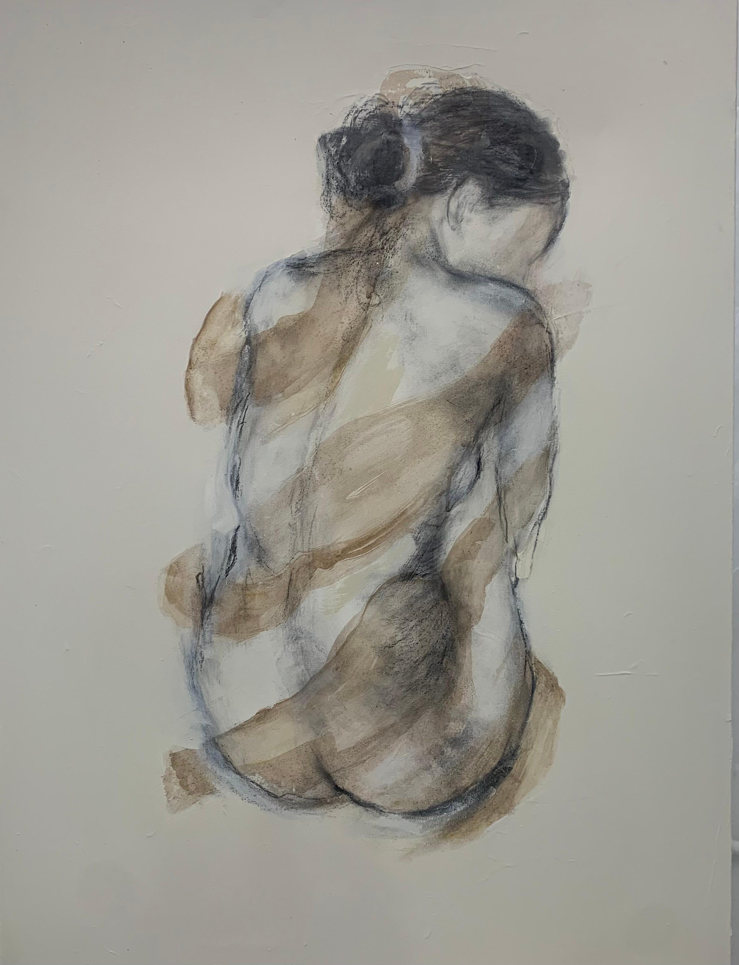“Soft Focus” highlights Judith Williams’ mastery of expressive minimalism. Using charcoal and acrylic, she sketches a luminous female silhouette that appears to dissolve into the canvas, balancing presence and absence. The layered textures and muted