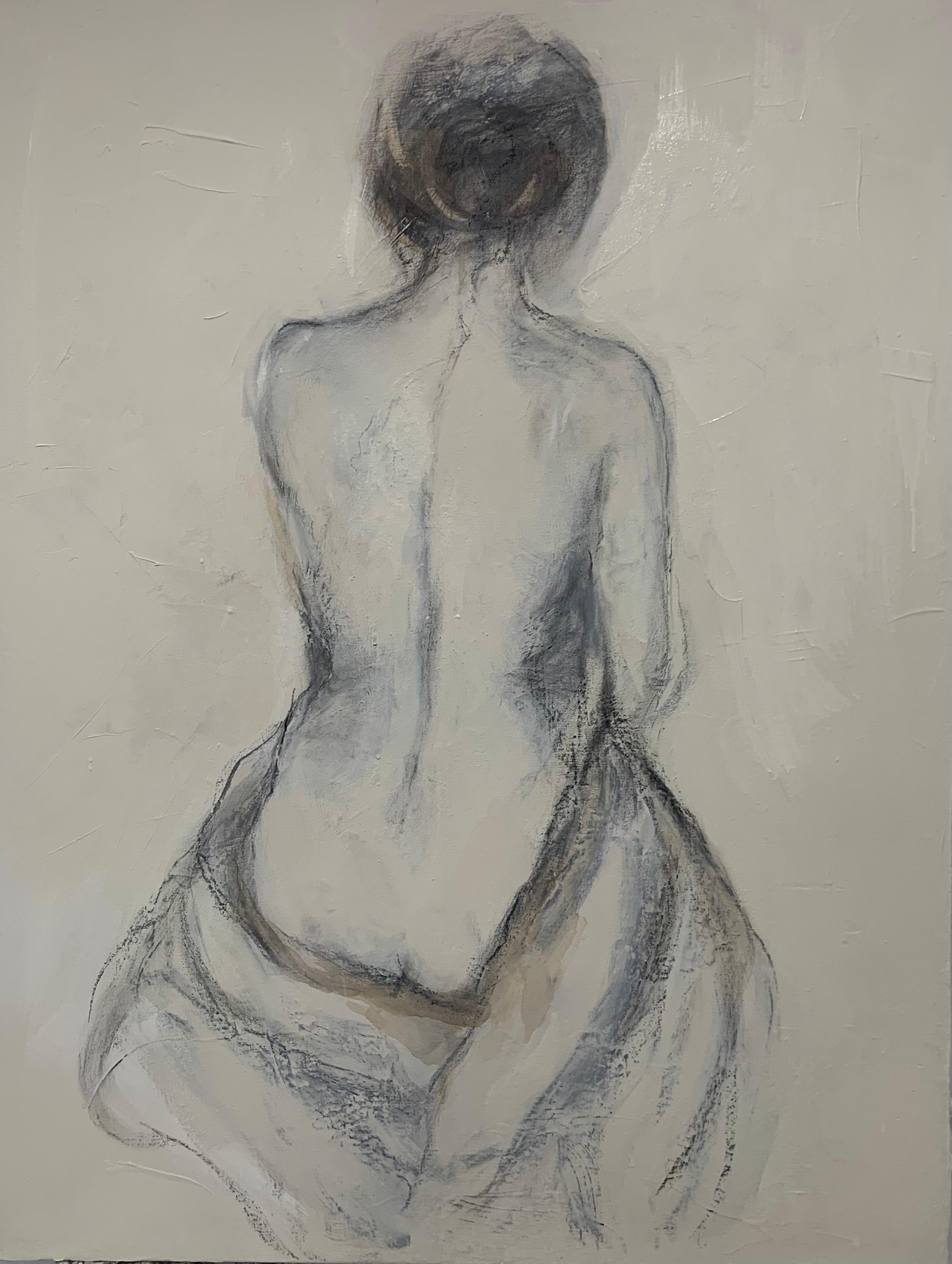 Judith Williams’ “Whispering Lines” reveals the subtle power of suggestion. With her refined use of charcoal and acrylic, the artist captures the essence of the figure through layered mark-making and delicate tonal shifts. The result is a lyrical,
