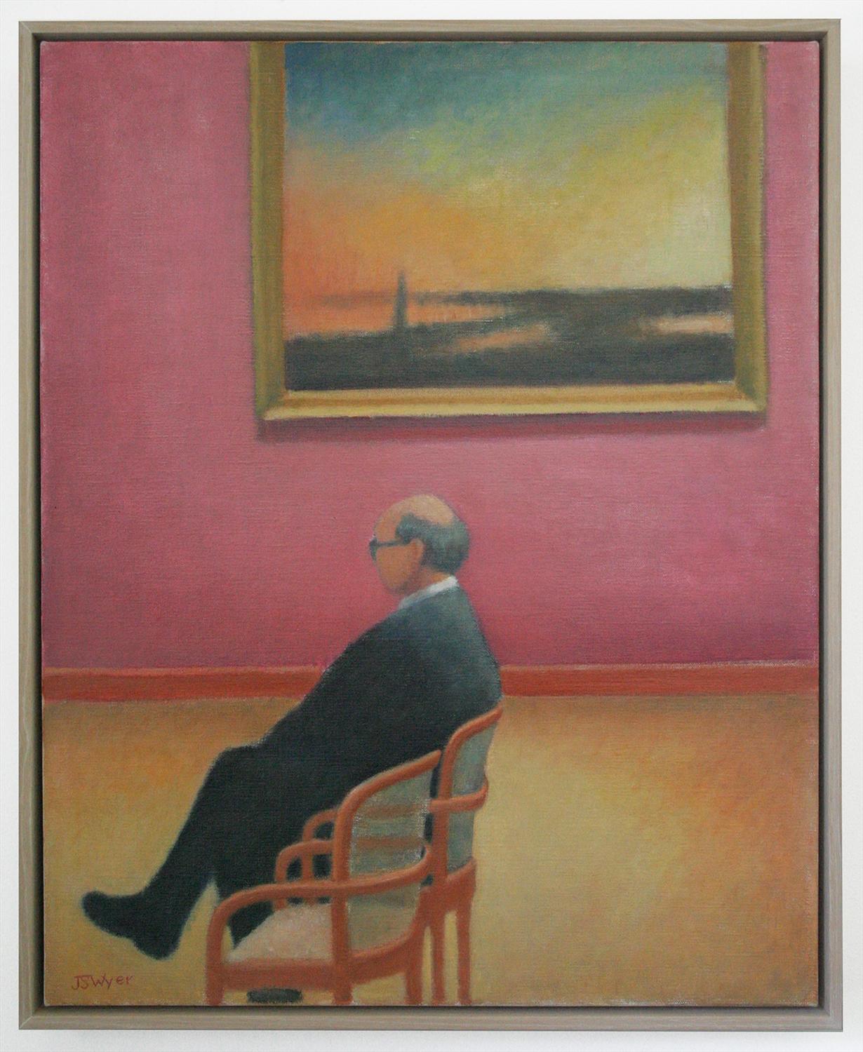 Afterglow (Pintura al óleo de una figura masculina sentada en una galería de arte cerca de una escena al atardecer) - Painting de Judith Wyer