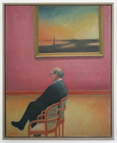 Afterglow (Oil Painting of Male Figure Seated in Art Gallery Near Sunset Scene)