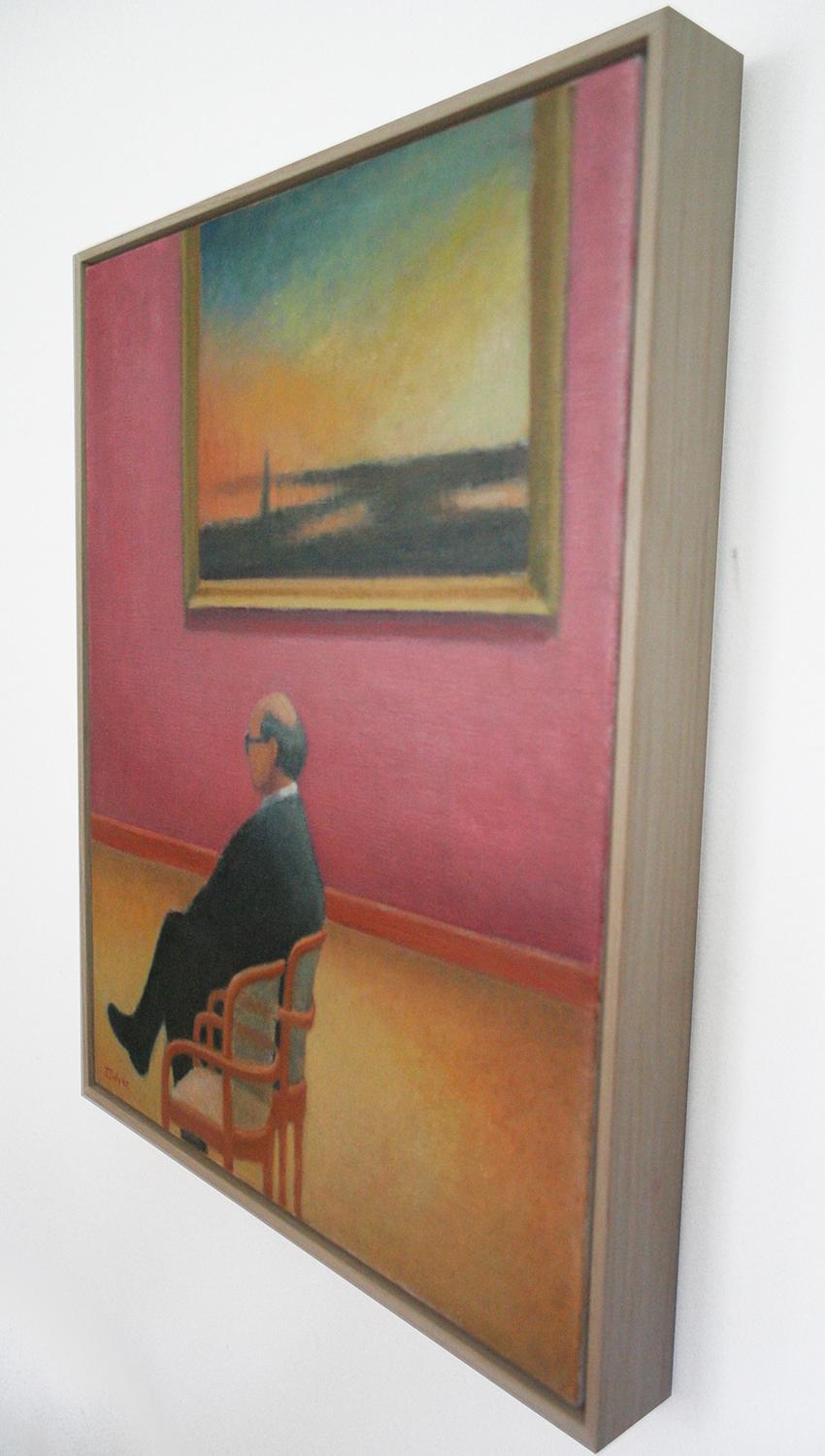 Afterglow (Pintura al óleo de una figura masculina sentada en una galería de arte cerca de una escena al atardecer) - Painting Contemporáneo de Judith Wyer