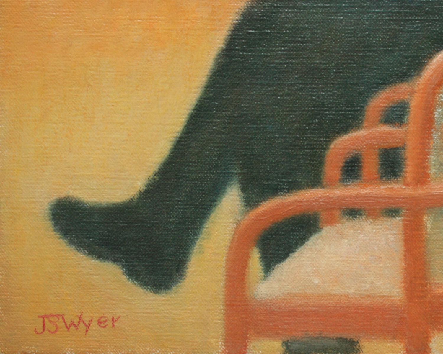 Afterglow (Pintura al óleo de una figura masculina sentada en una galería de arte cerca de una escena al atardecer) - Interior Painting Marrón de Judith Wyer