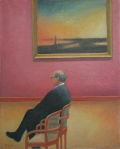 Afterglow (Pintura al óleo de una figura masculina sentada en una galería de arte cerca de una escena al atardecer)