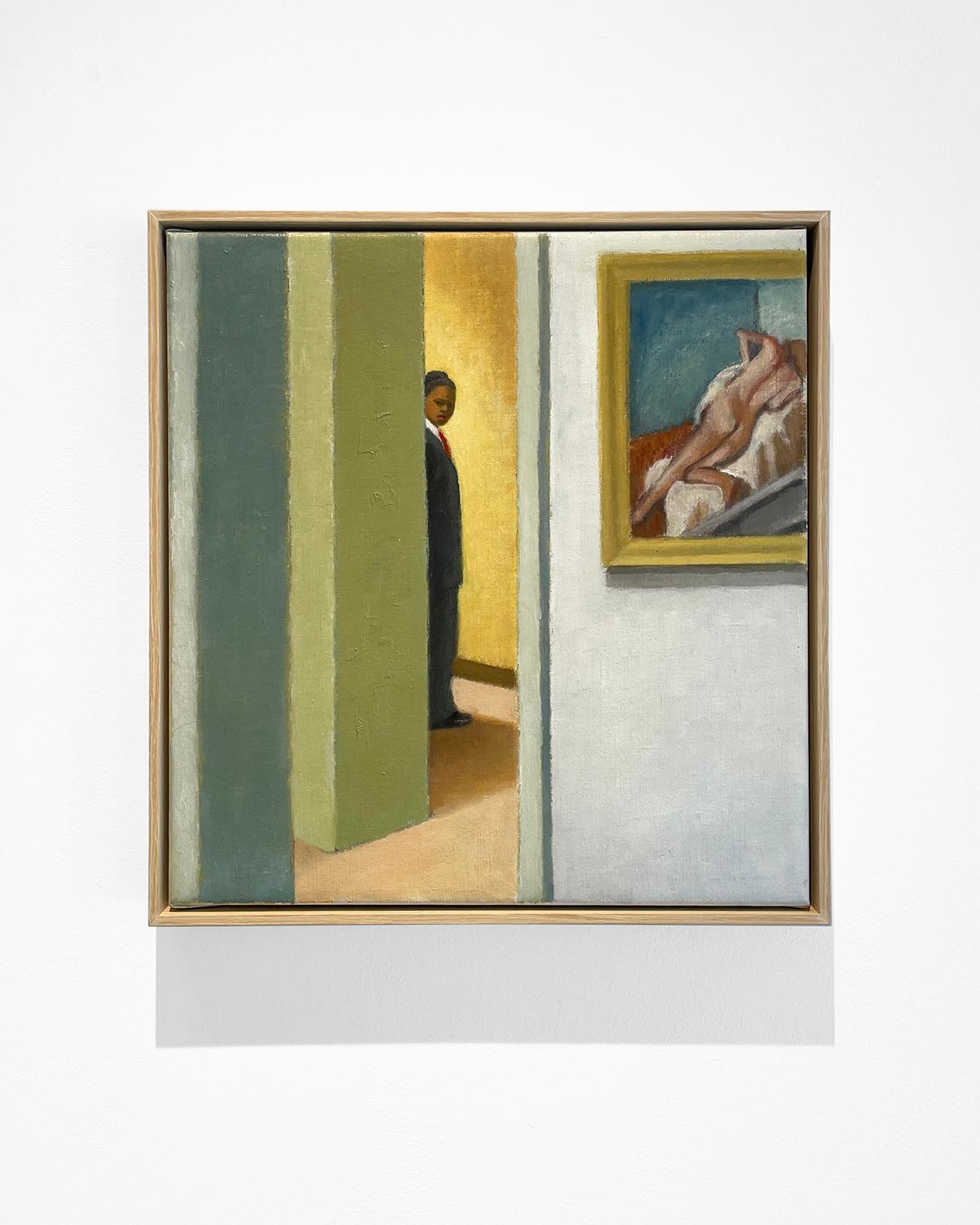 Barely There (Quadro figurativo di una guardia in una galleria d'arte con un nudo reclinato) - Painting di Judith Wyer