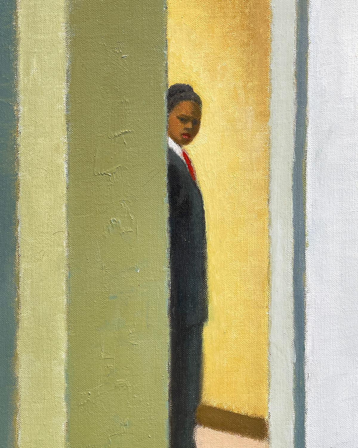 Barely There (Quadro figurativo di una guardia in una galleria d'arte con un nudo reclinato) - Painting Contemporaneo di Judith Wyer