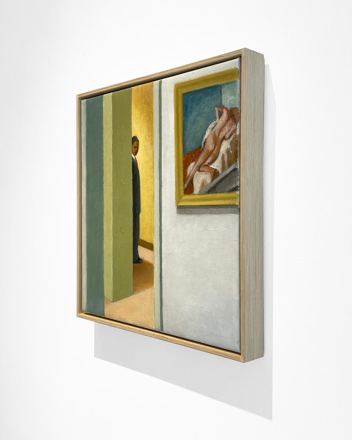 Barely There (Quadro figurativo di una guardia in una galleria d'arte con un nudo reclinato) - Interior Painting Marrone di Judith Wyer