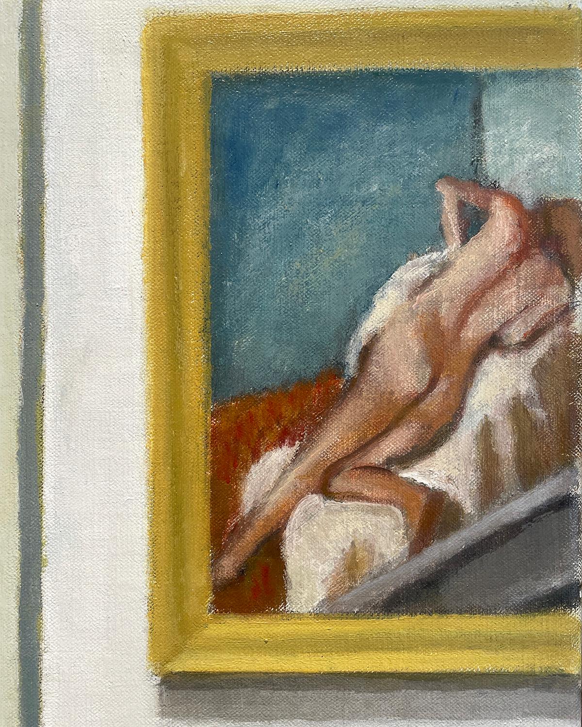 Quadro figurativo realistico di figure in un museo di belle arti 
Barely There (dipinto figurativo di una guardia in una galleria d'arte accanto a un nudo reclinato) di Judith Wyer
2020
olio su lino
18 x 17 pollici, 19 x 18 pollici incorniciato
Il