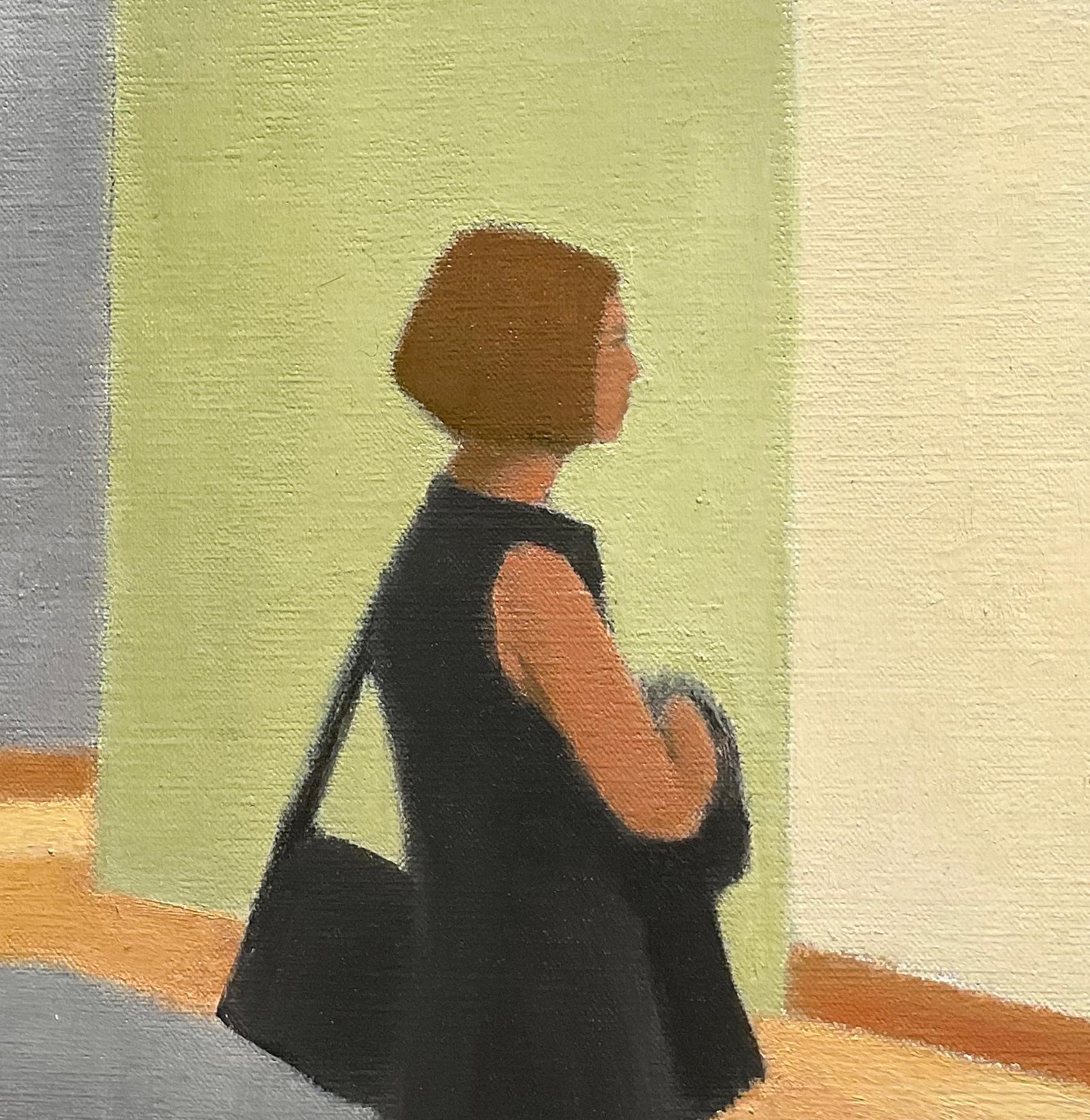 Sguardo (dipinto a olio contemporaneo di donna in osservazione al Met) con cornice - Figurative Painting Marrone di Judith Wyer
