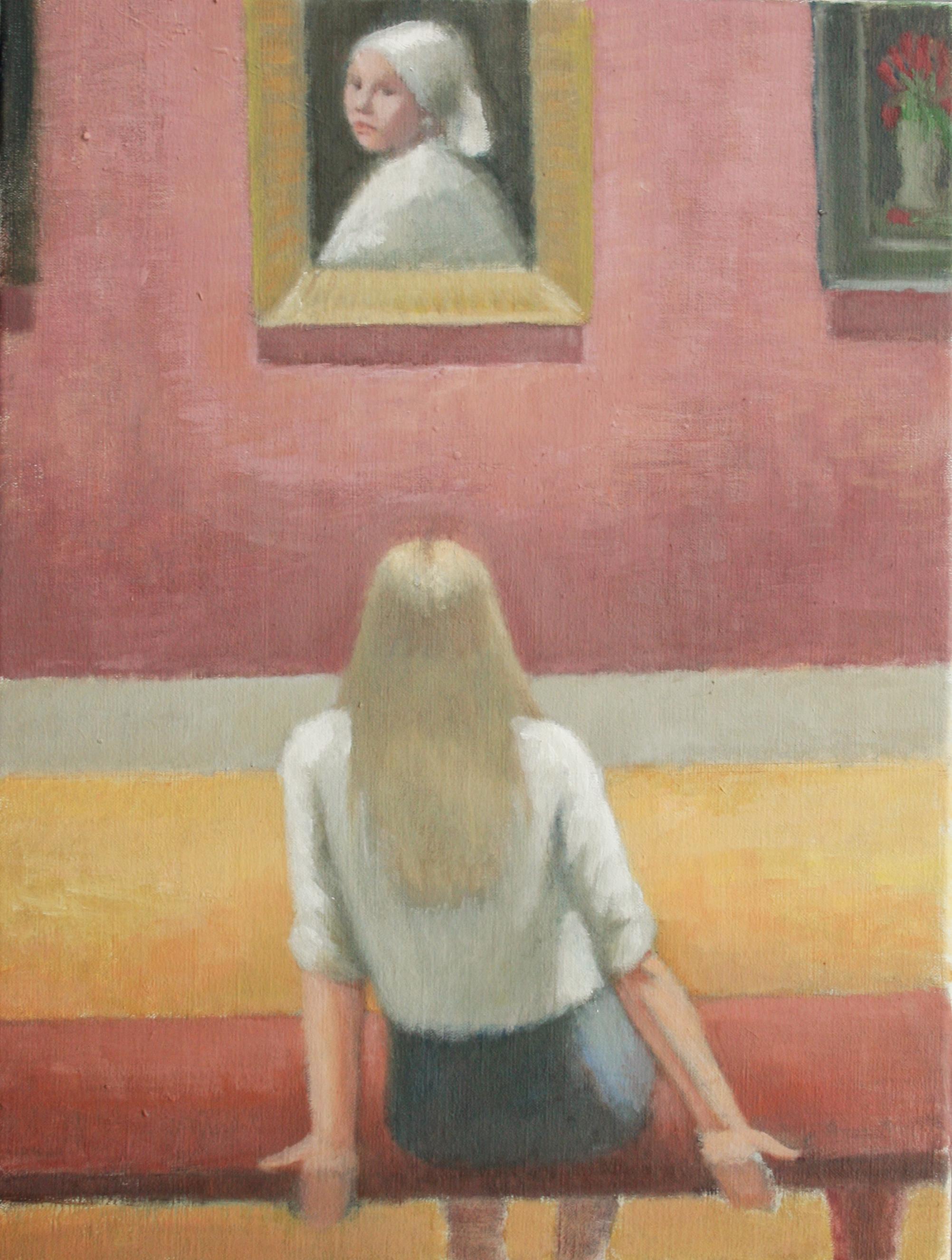 Judith Wyer Interior Painting - Look Back: Figurative Painting of Blonde Women with Rose Pink Museum Walls