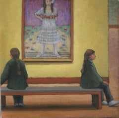 Sisters (Contemporary Figurative Painting of Two Girls on a Bench at the Met)