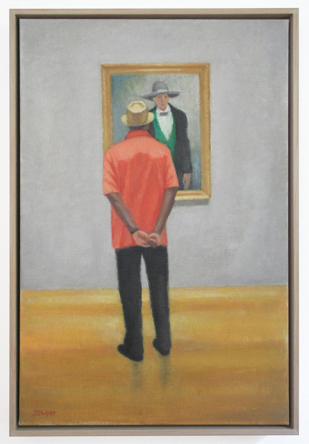Due cappelli (dipinto figurativo di un uomo in una galleria di ritratti, con cornice) - Painting di Judith Wyer