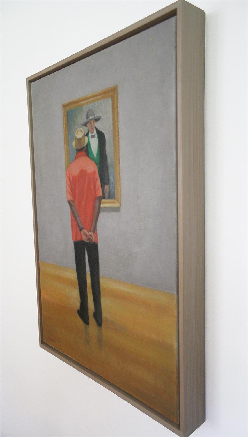 Due cappelli (dipinto figurativo di un uomo in una galleria di ritratti, con cornice) - Interior Painting Marrone di Judith Wyer