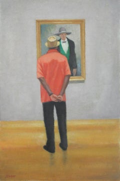 Due cappelli (dipinto figurativo di un uomo in una galleria di ritratti, con cornice)