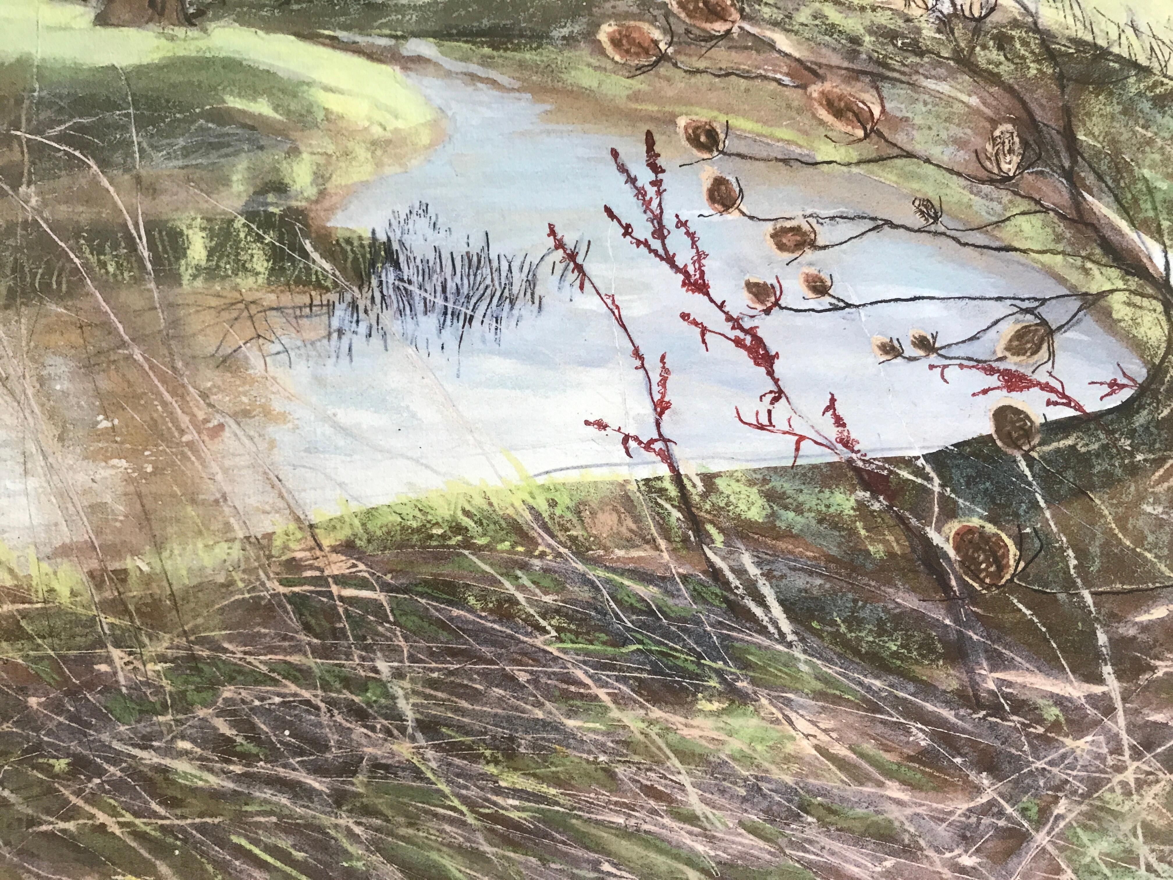 Evenbode Valley, Ascott-V-Wychwood by Judith Yarrow depicts a traditional Autumn scene showing a row of bare trees on the riverside. The colours are drawn from soft yellows, greens, pale blues, rich dark browns and black.

ADDITIONAL