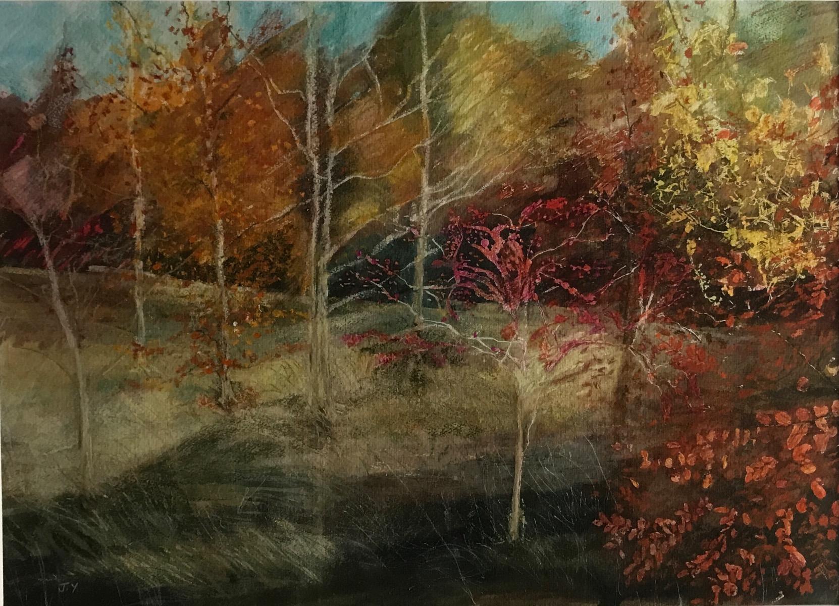Glyme Lane - Millennium Wood, Chipping Norton by Judith Yarrow is a beautiful Autumn depiction of the glowing colours in a country meadow.  The vibrant reds, oranges and yellows contrast against the yellowish, green course grass.

ADDITIONAL