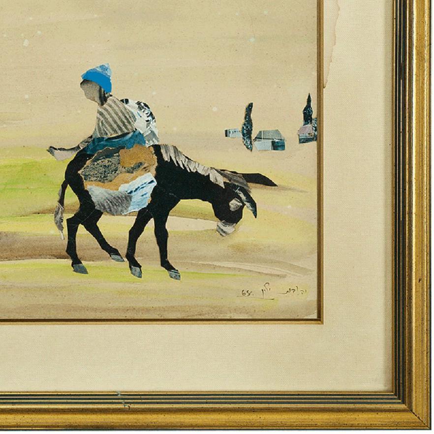 Figure on a Donkey, Collage and Watercolor - Modern Mixed Media Art by Judith Yellin Ginat