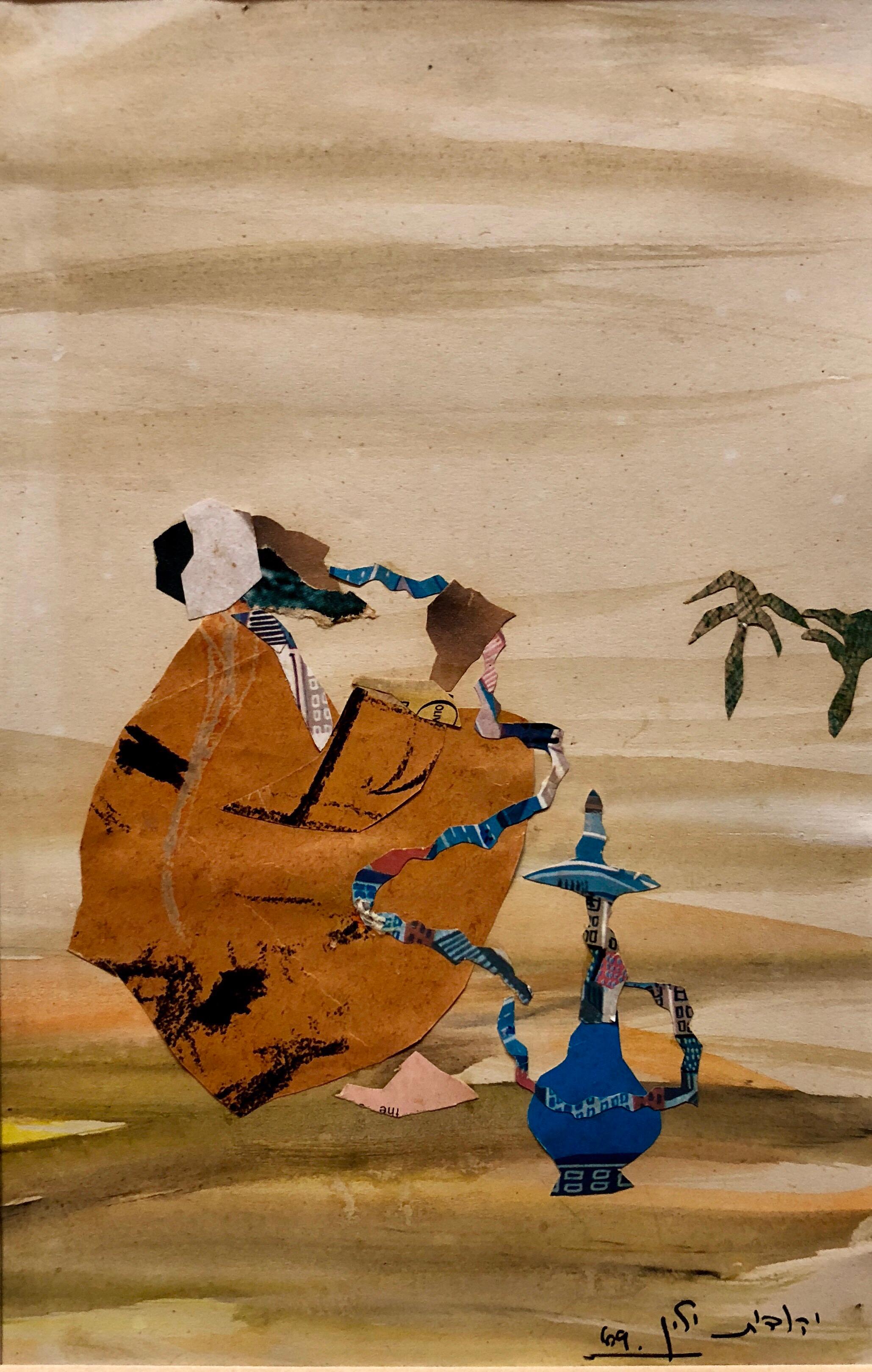 Abstrakte israelische Figur, Hookah-Pfeifen-Rauch, Fackel, Fackelpapier-Collage-Gemälde Bezalel (Moderne), Mixed Media Art, von Judith Yellin Ginat