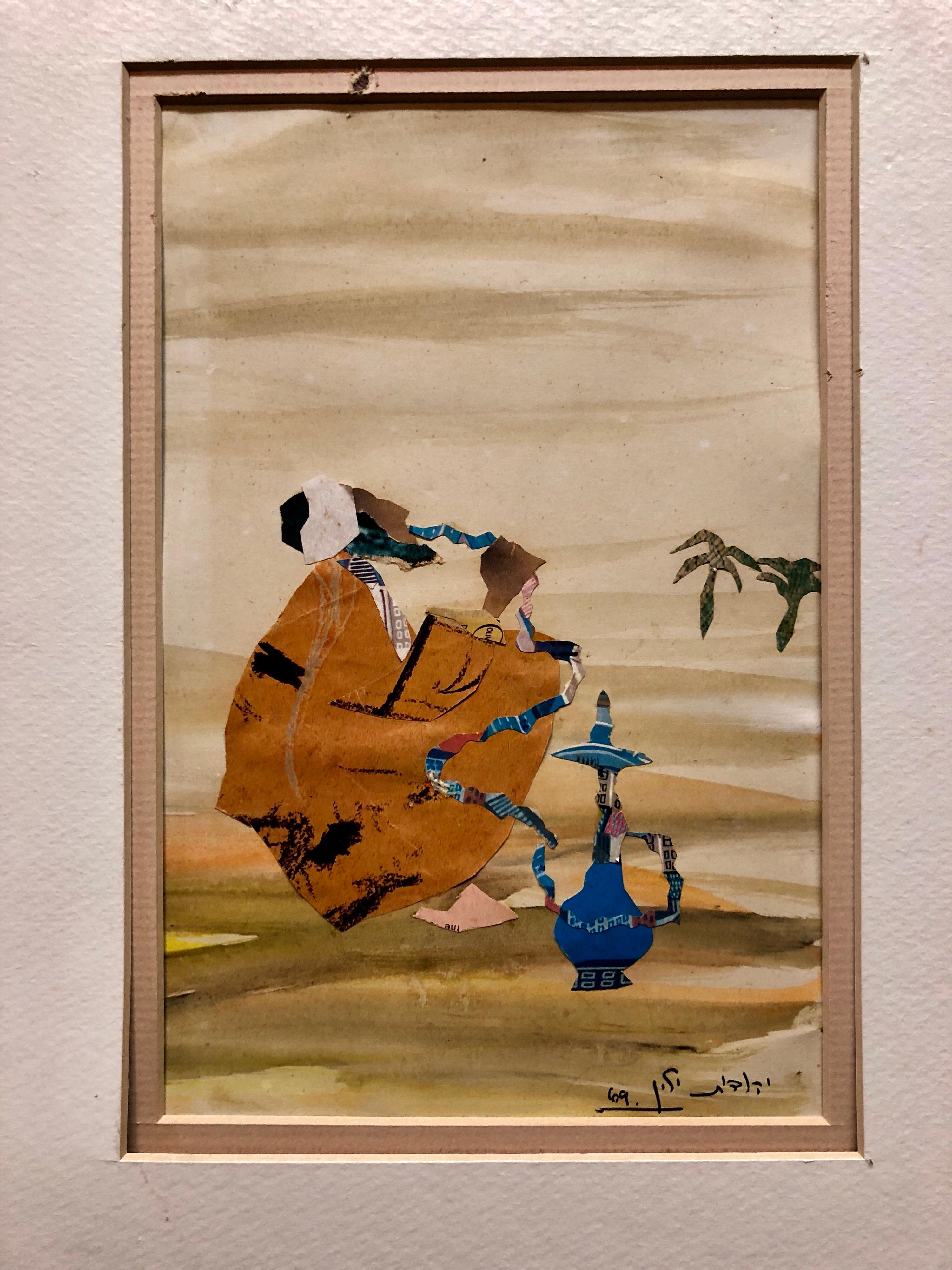 Abstrakte israelische Figur, Hookah-Pfeifen-Rauch, Fackel, Fackelpapier-Collage-Gemälde Bezalel im Angebot 1