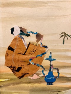 Retro Israeli Abstract Figure, Hookah Pipe Smoker, Torn Paper Collage Painting Bezalel