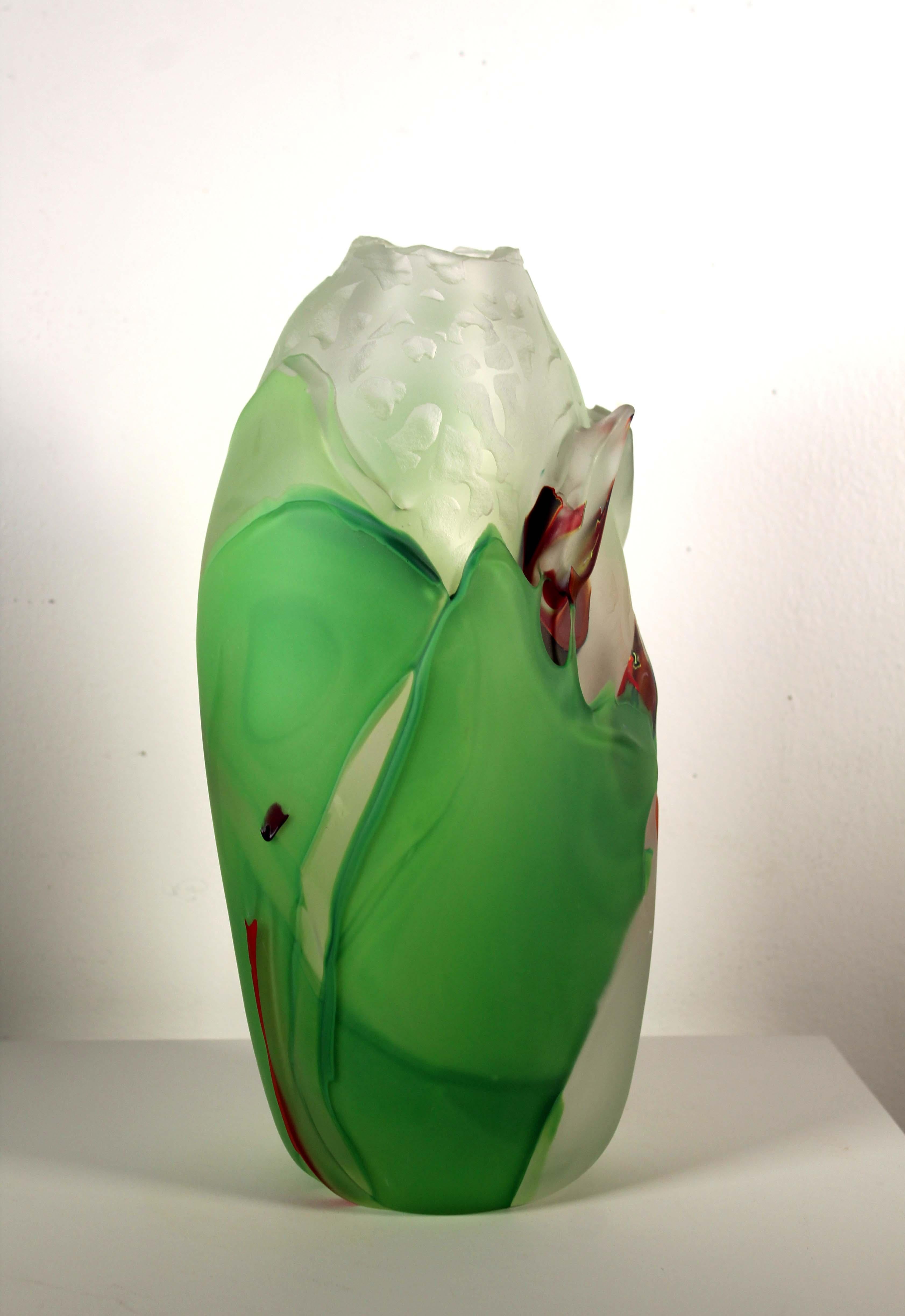 XXIe siècle et contemporain Judson Guérard Signé Vert Soufflé à la Main Vase en Verre d'Art Contemporain Série Chaos en vente