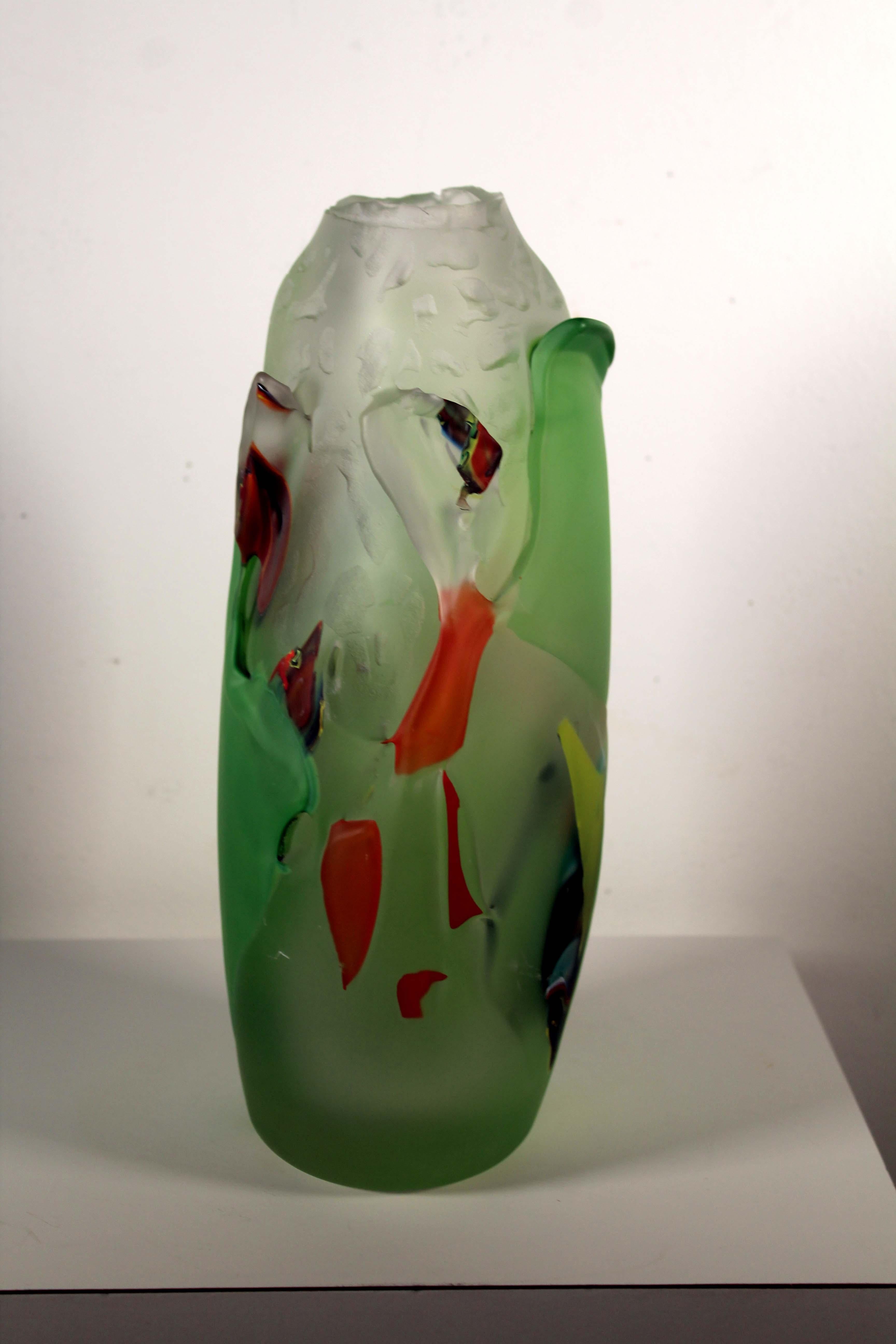 Judson Guérard Signed Green Handblown Contemporary Art Glass Vase Chaos Series For Sale 3