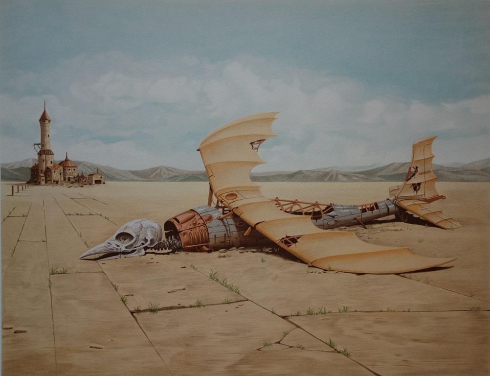 Dead Zeppelin - Original handsigned lithograph - Gray Landscape Print by Judson Huss