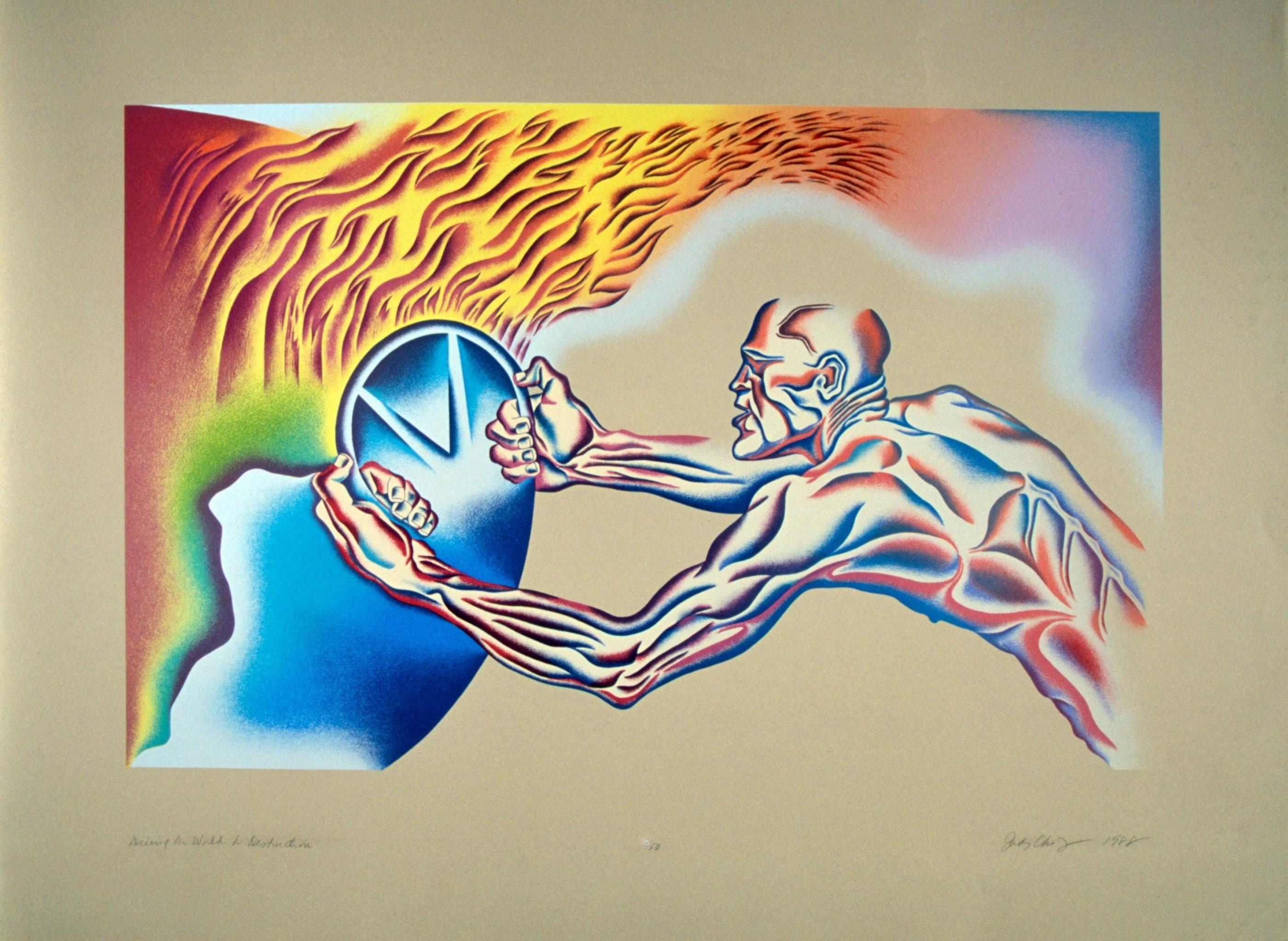 Judy Chicago Abstract Print - Driving the World to Destruction (iconic silkscreen, signed, #35/50) Wood Frame
