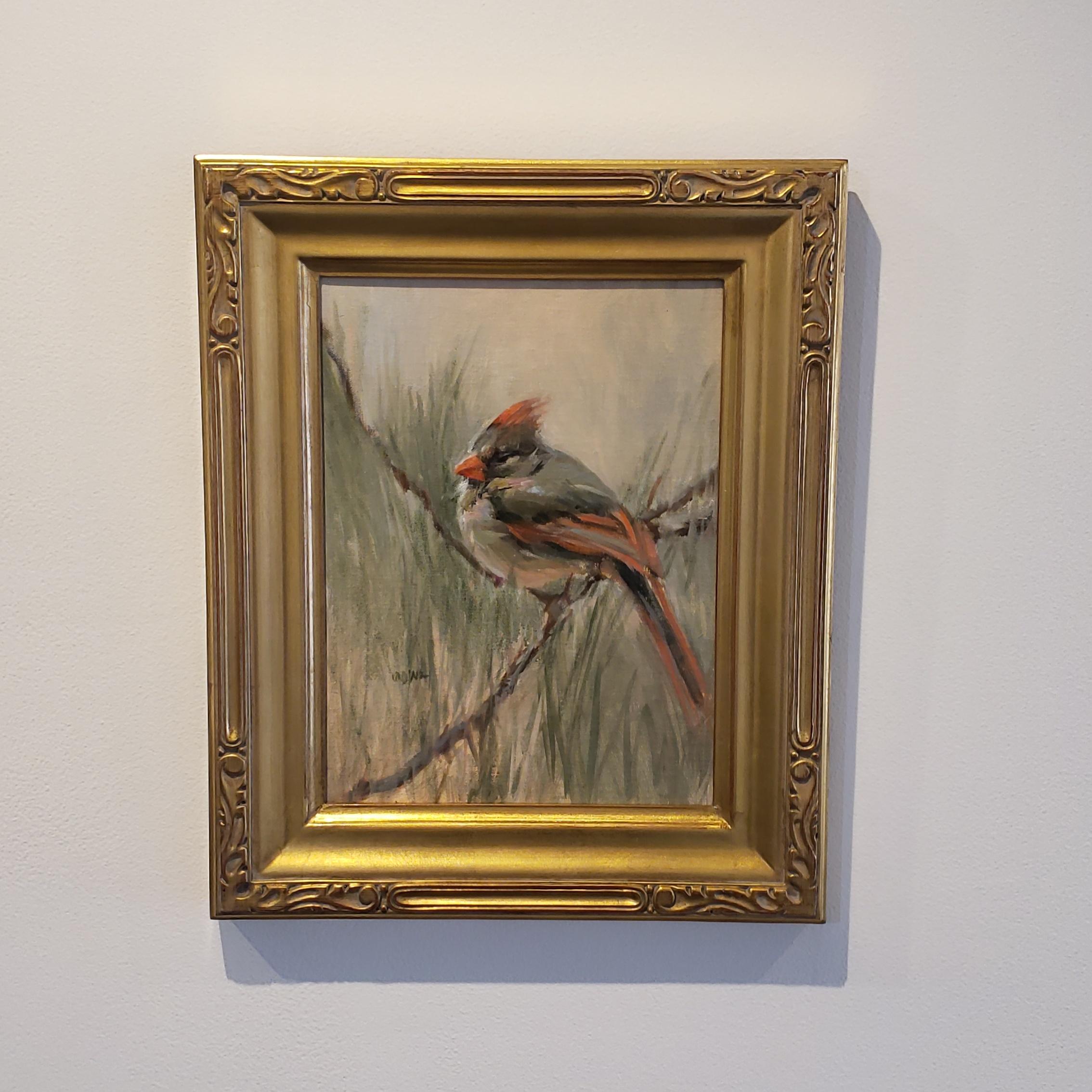 A Mother's Beauty, Oil, Female Cardinal, Impressionism , SW Art, Texas Artist, 2021 - Painting by Judy Crowe