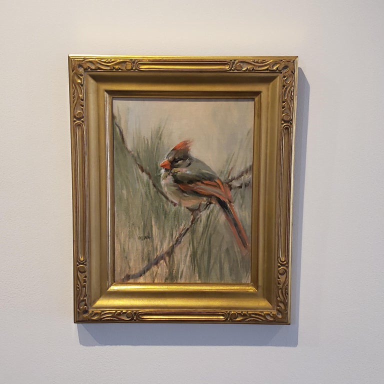 A Mother's Beauty, Oil, Female Cardinal,Impressionism ,SW Art, Texas Artist,2021 - Painting by Judy Crowe